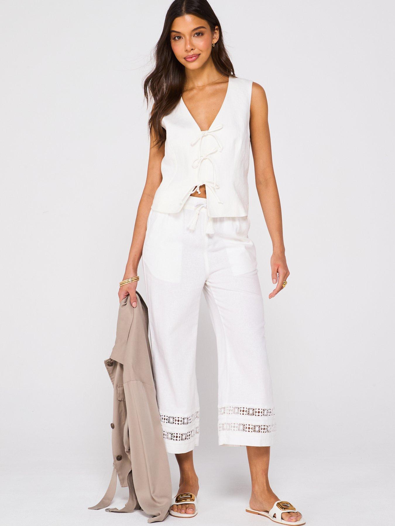 Image 3 of 6 of V by Very Linen Blend Crop Trousers With Lace Trim Hem - White