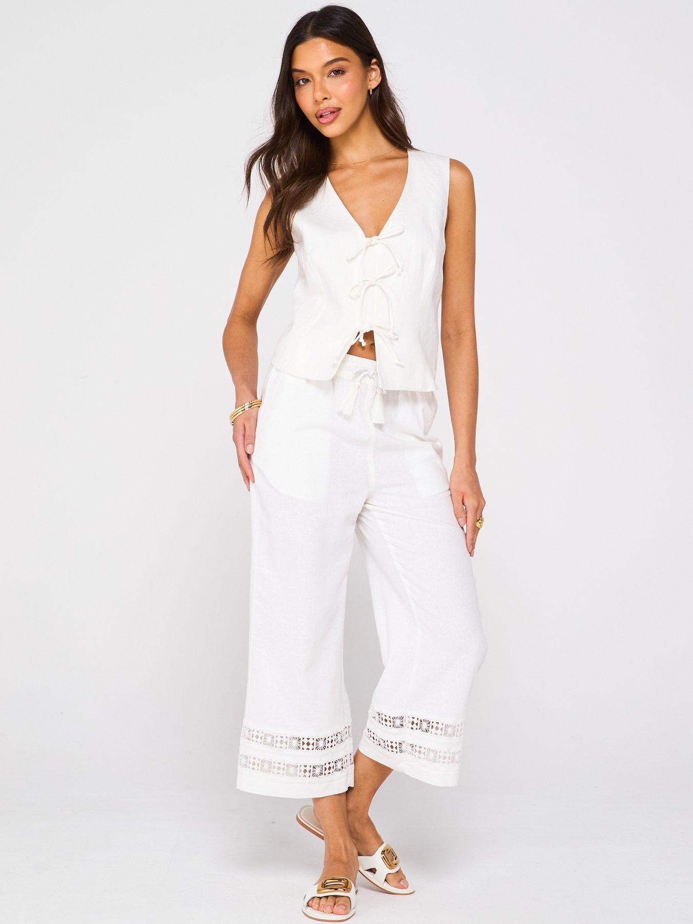 Image 6 of 6 of V by Very Linen Blend Crop Trousers With Lace Trim Hem - White