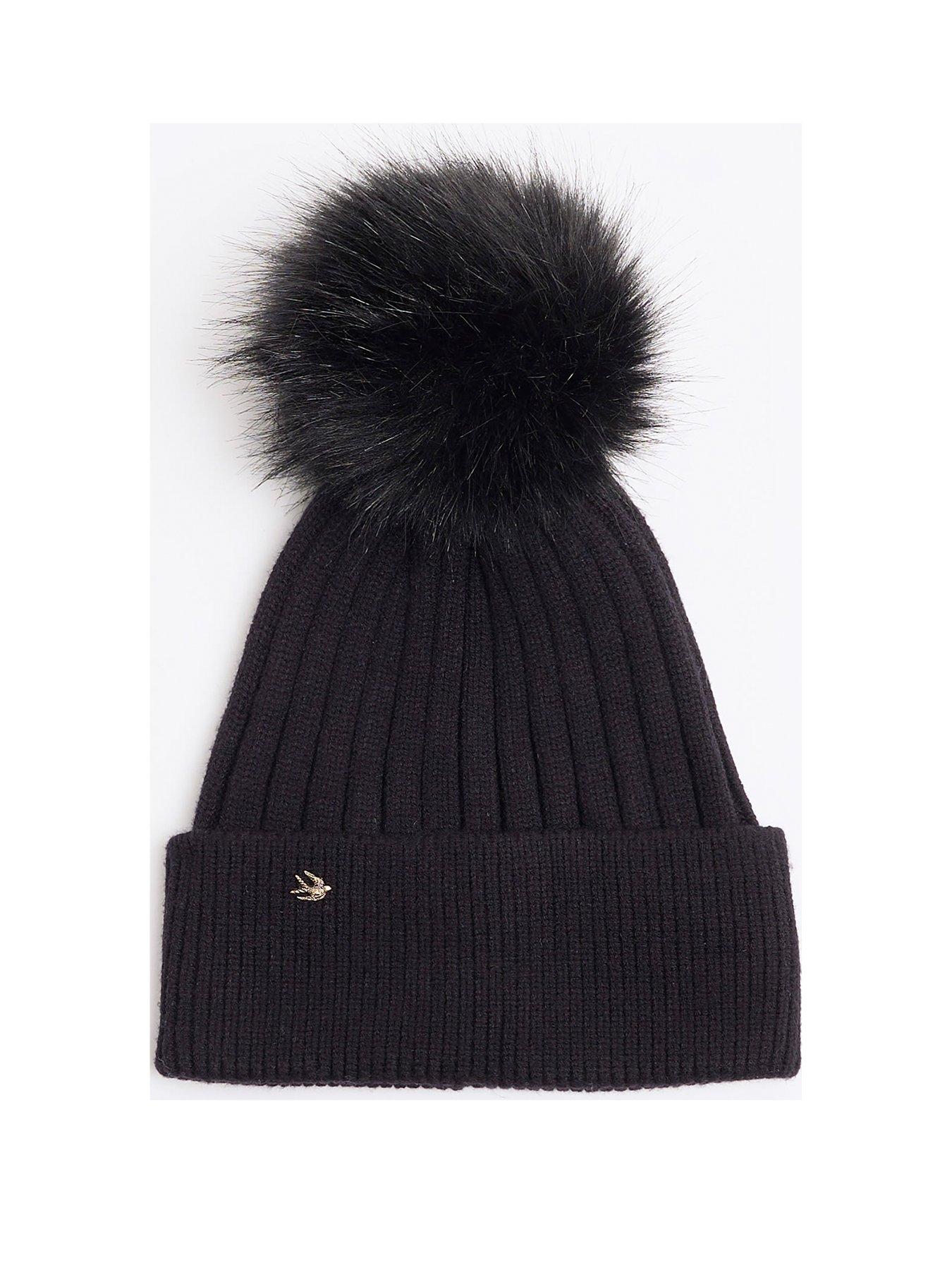 river-island-ribbed-knit-pom-pom-beanie-blackstillFront