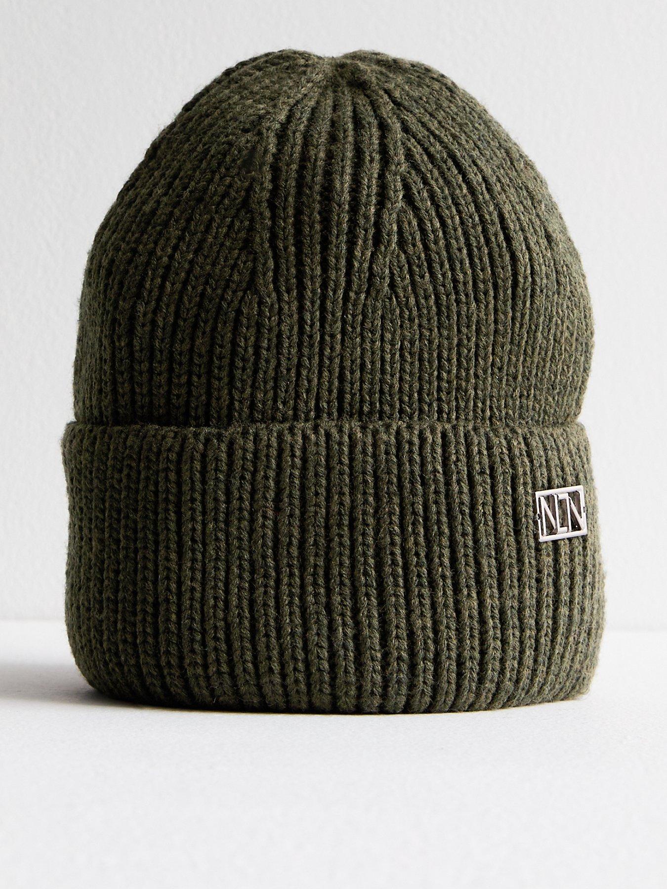 new-look-khaki-ribbed-knit-metal-logo-beanie