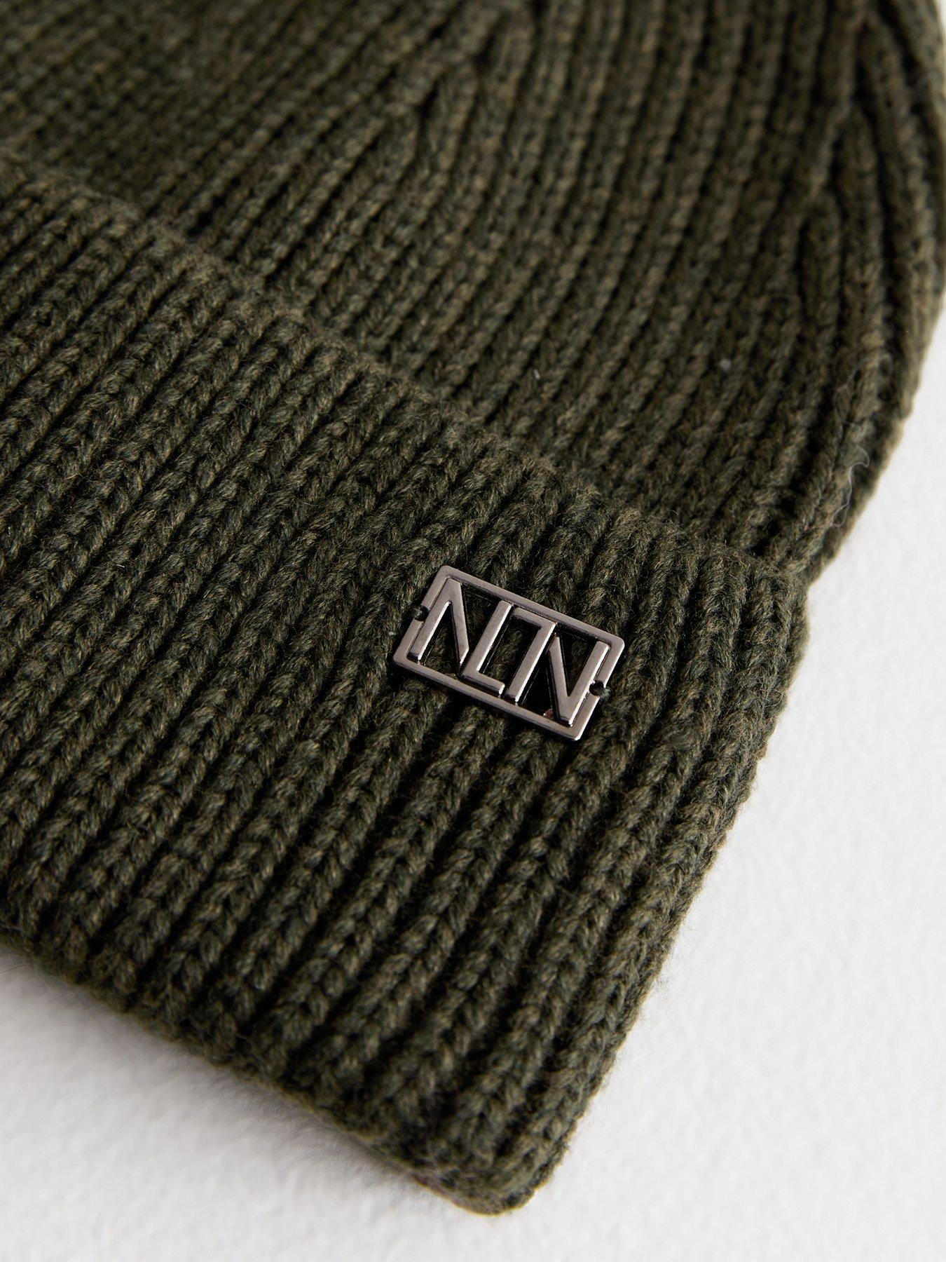 new-look-khaki-ribbed-knit-metal-logo-beanieback