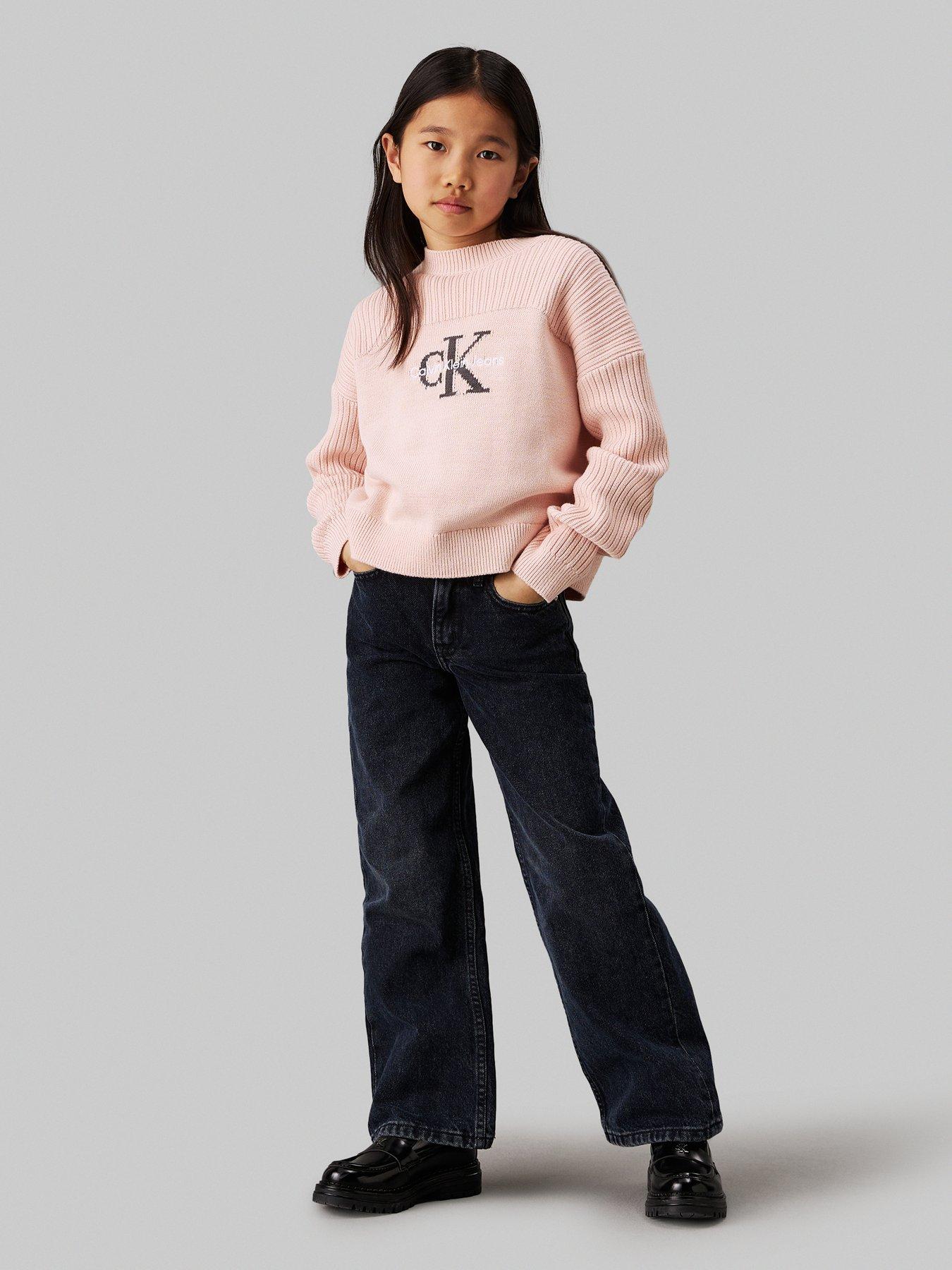 Image 3 of 4 of Calvin Klein Jeans Girls Wide Leg Blue Black Denim Jeans - Black/Blue