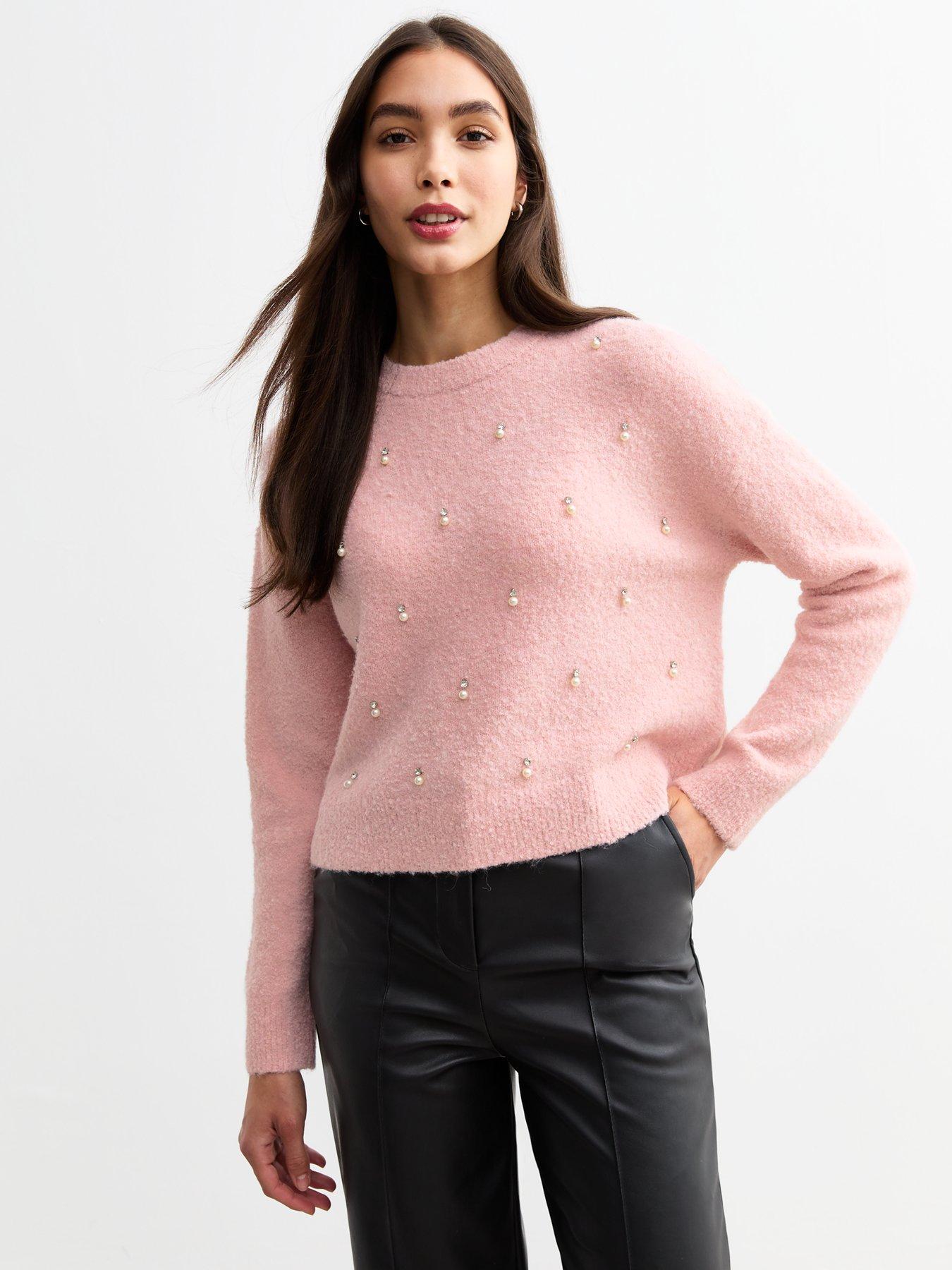 Image of New Look Faux Pearl Embellished Bouclé Jumper - Pink
