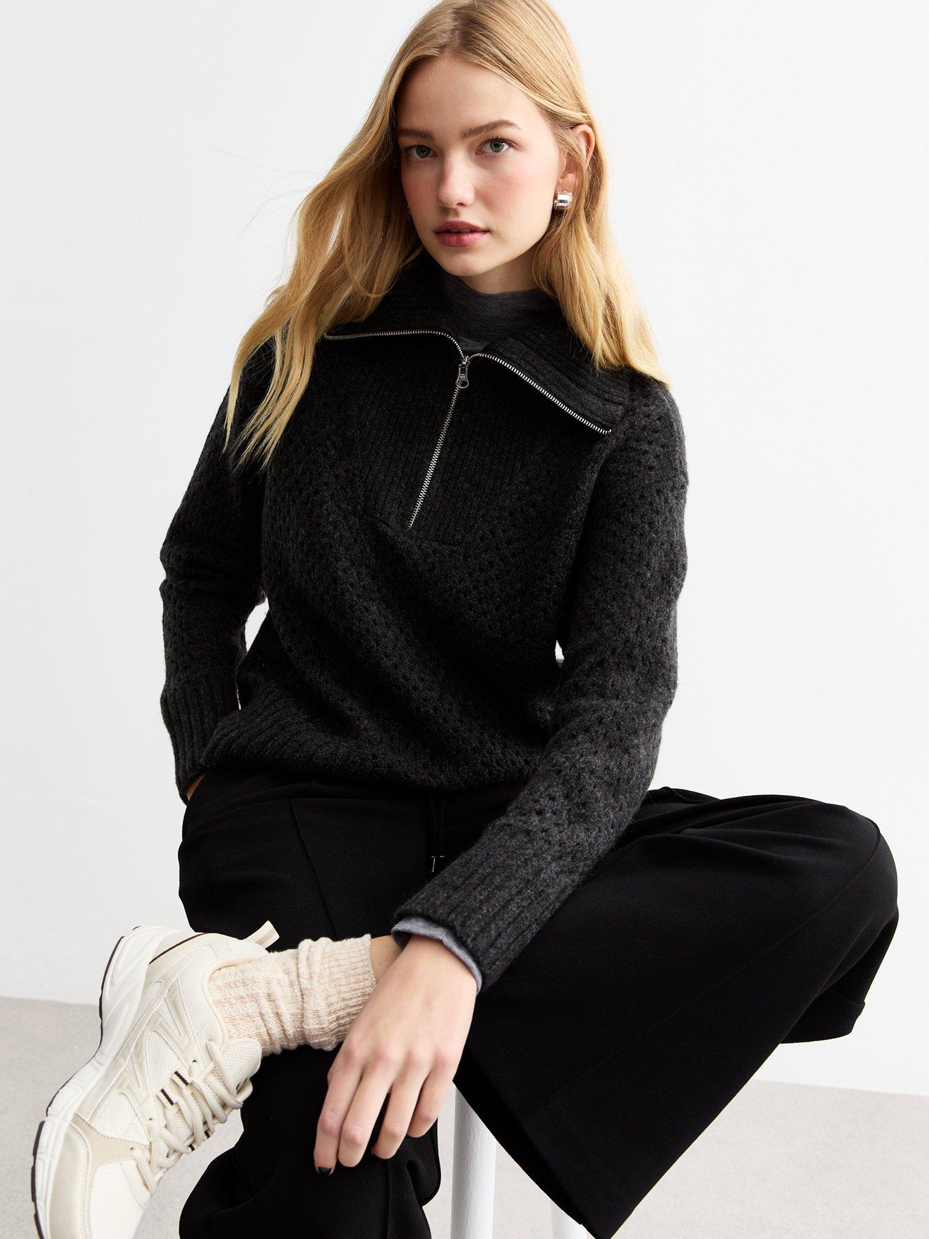 undefined Mesh Stitch Zip Front Jumper - Grey
