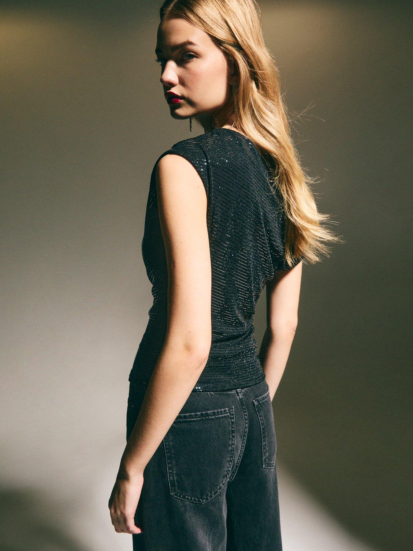 Image 2 of 6 of New Look Black Sequinned Draped Top
