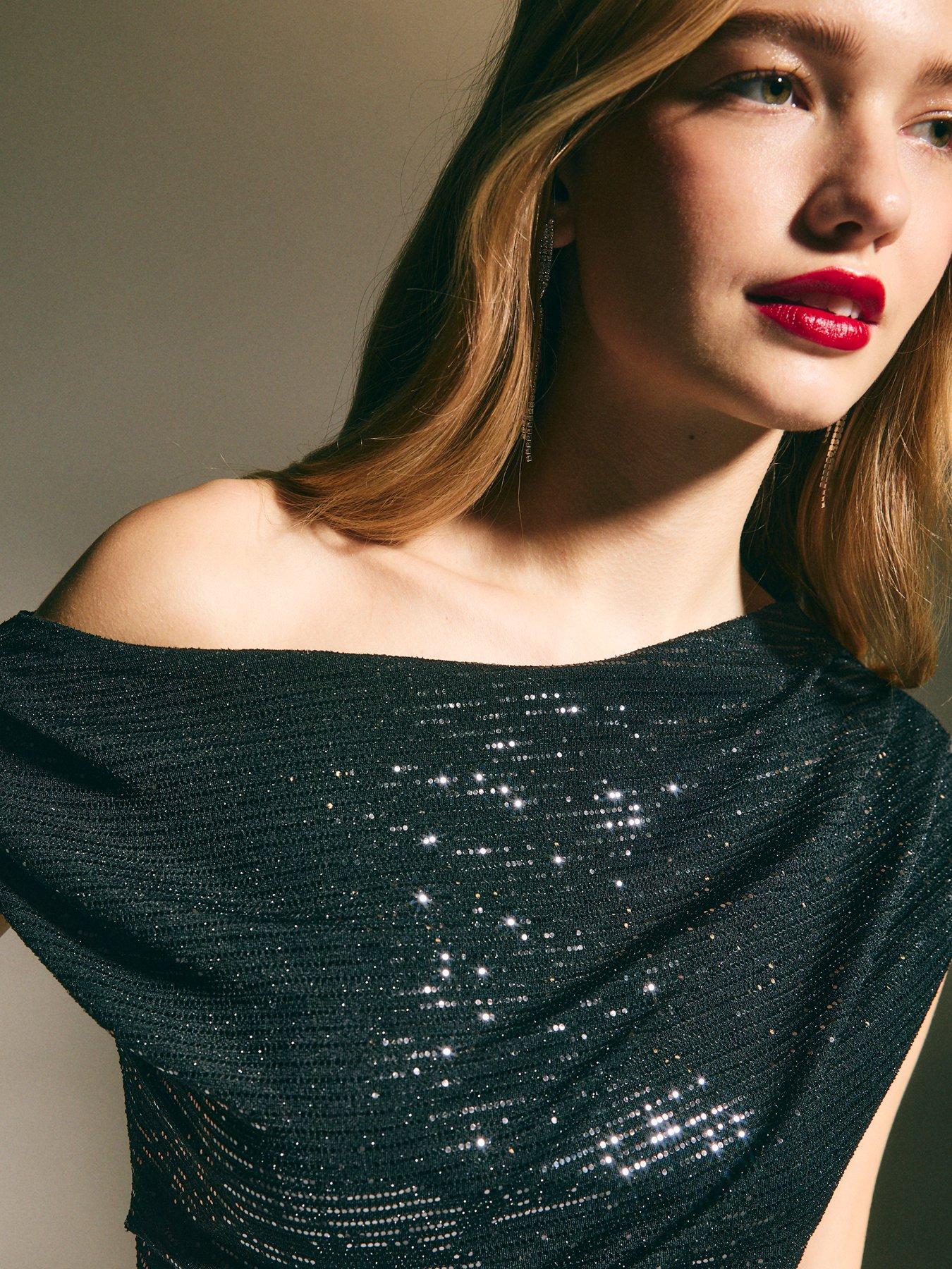 Image 5 of 6 of New Look Black Sequinned Draped Top