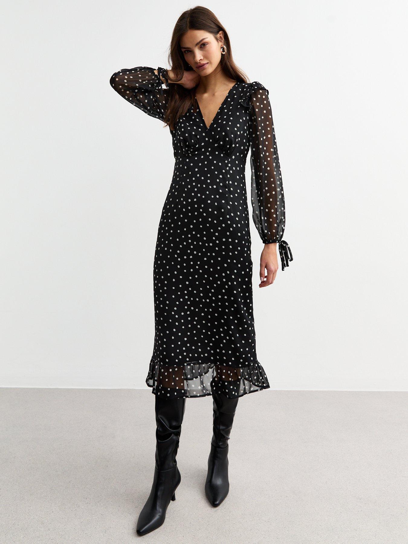 new-look-spotted-ruffle-trim-chiffon-midi-dress-blackfront