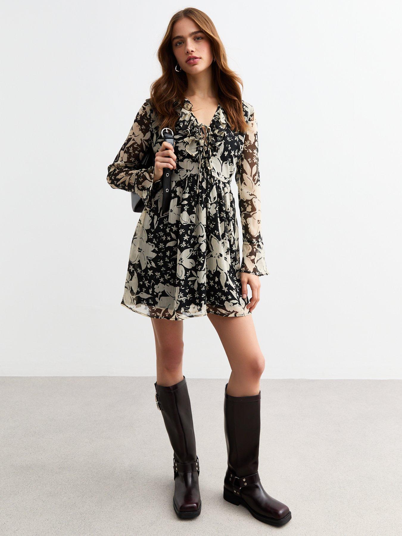 new-look-cream-floral-tie-neck-chiffon-mini-dress-print