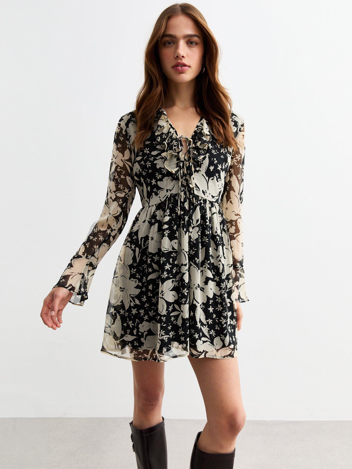 new-look-cream-floral-tie-neck-chiffon-mini-dress-printback