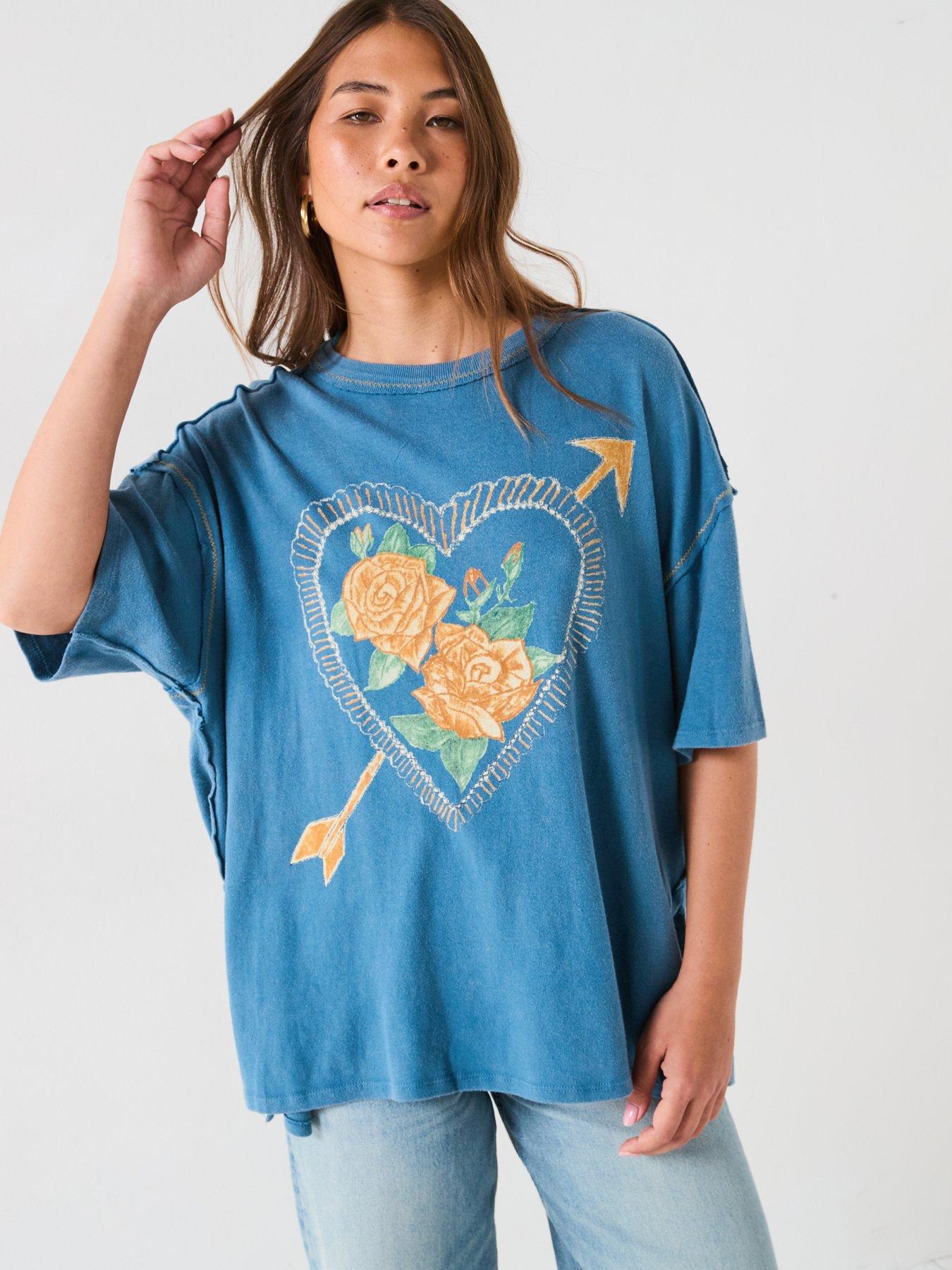 Image of FREE PEOPLE Love Rose Printed T-Shirt - Blue