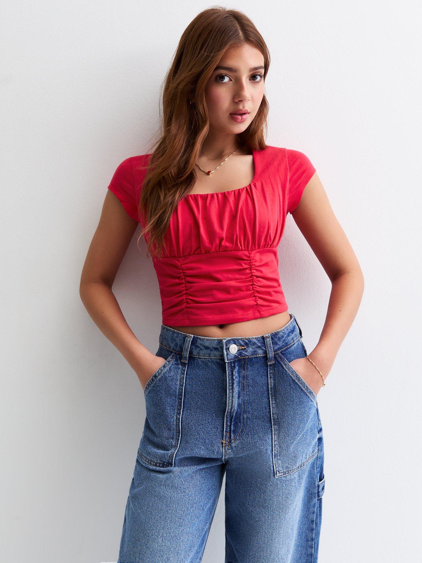 new-look-915-girls-ruched-cropped-top-red