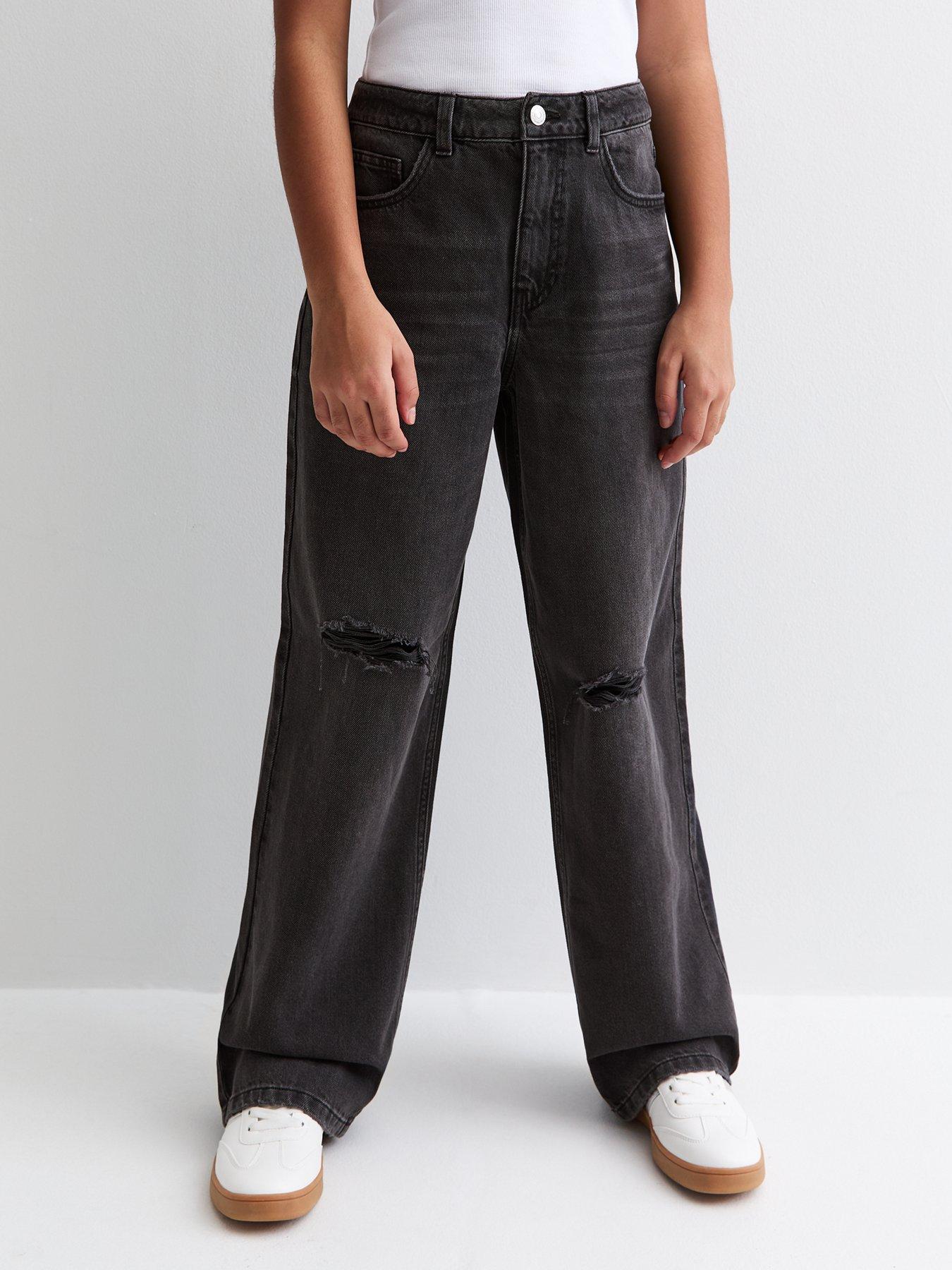 Image 1 of 5 of New Look 915 Girls Black Ripped Wide Leg Jeans&nbsp;- Black