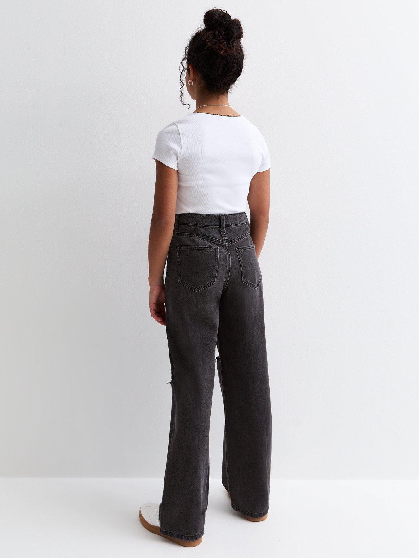 Image 2 of 5 of New Look 915 Girls Black Ripped Wide Leg Jeans&nbsp;- Black