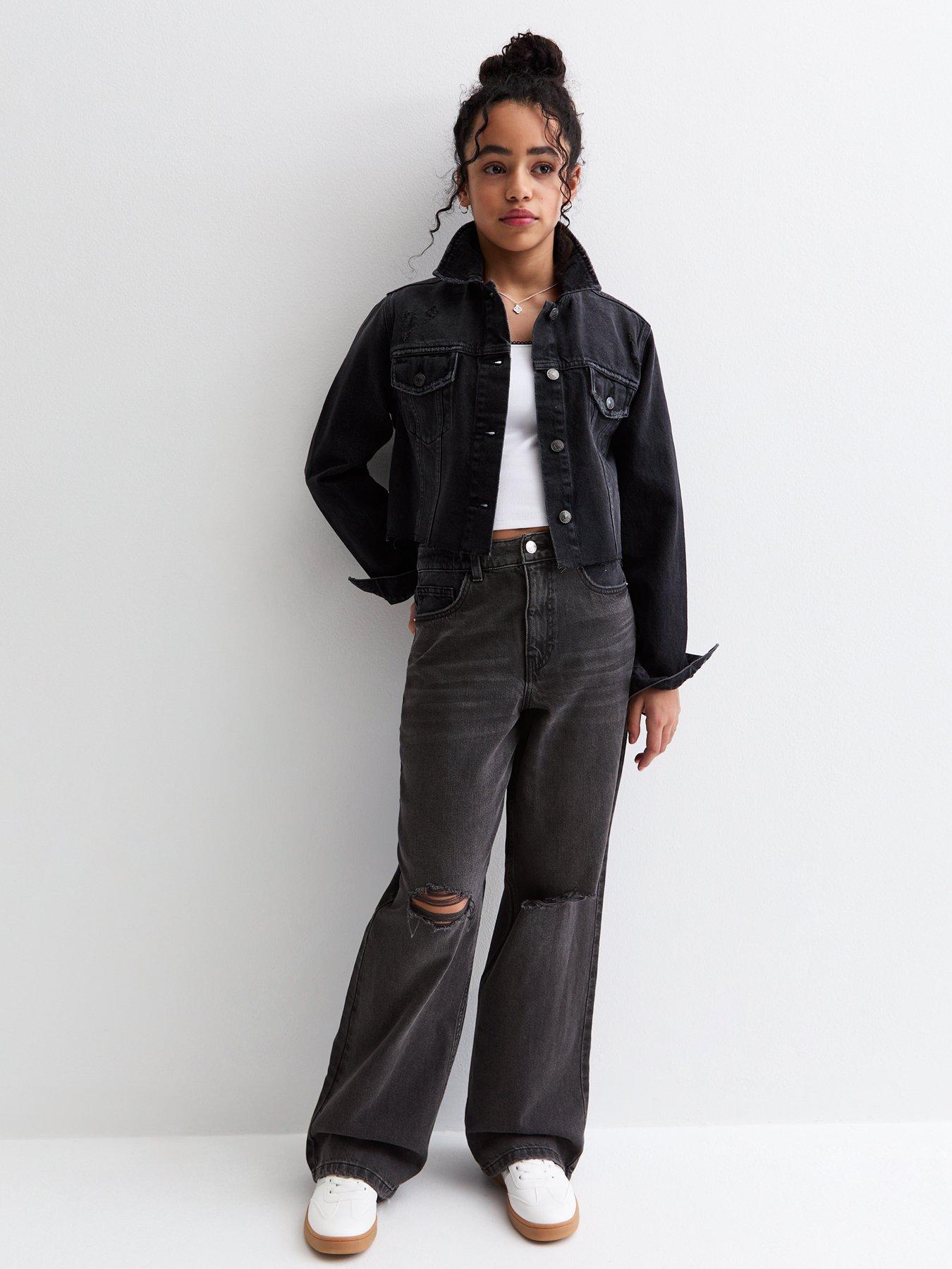 Image 3 of 5 of New Look 915 Girls Black Ripped Wide Leg Jeans&nbsp;- Black