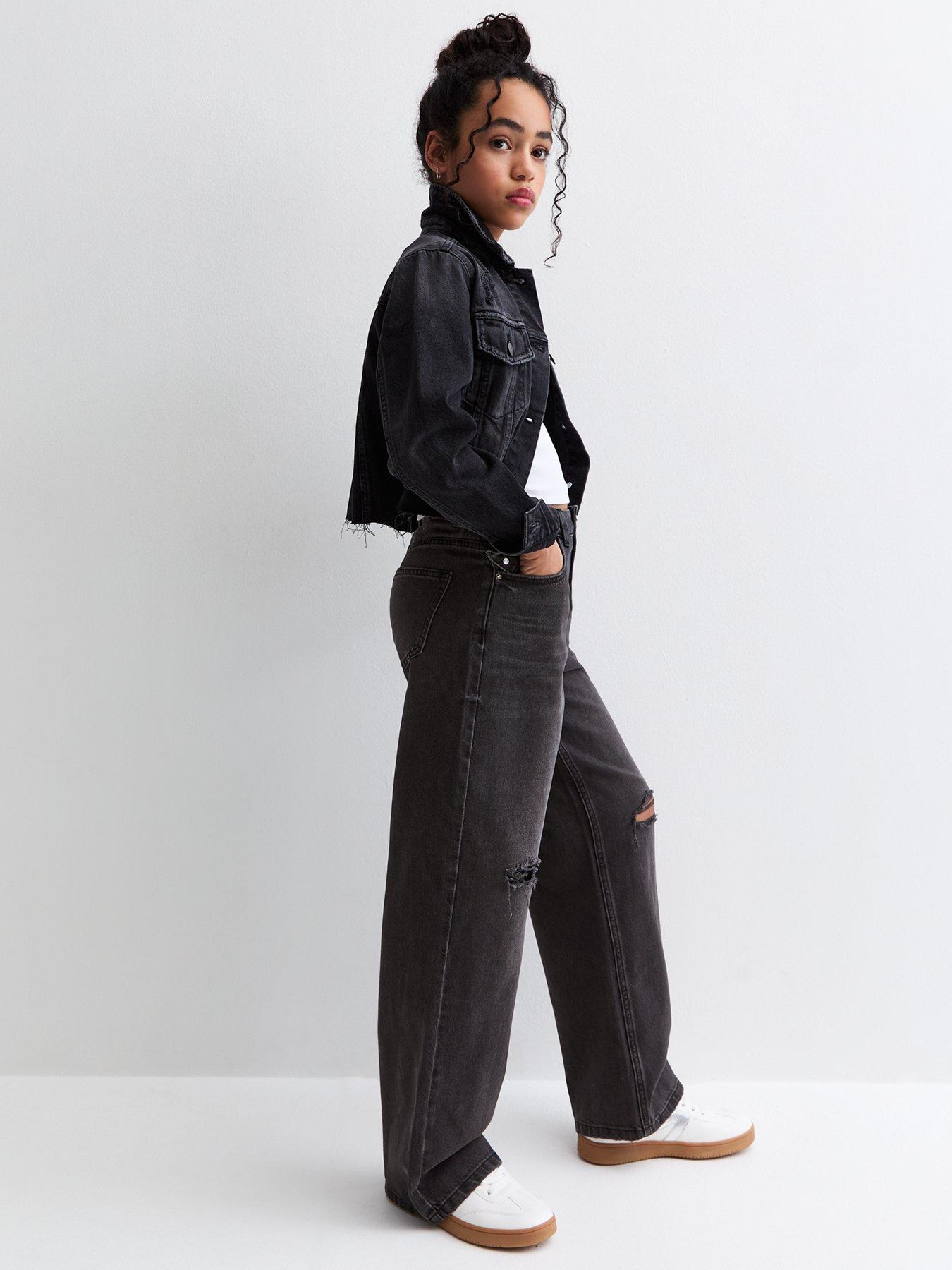 Image 5 of 5 of New Look 915 Girls Black Ripped Wide Leg Jeans&nbsp;- Black