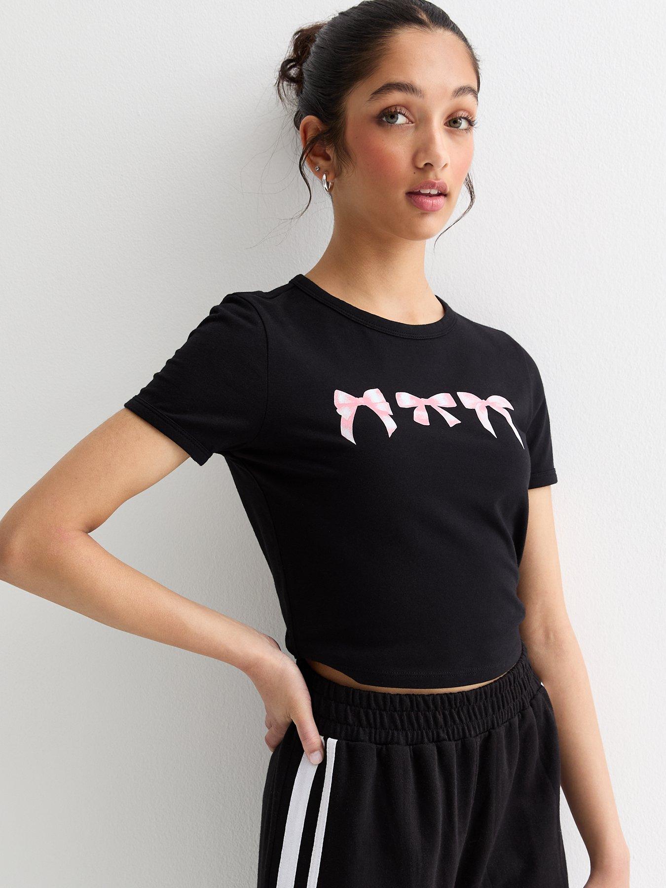 new-look-915-girls-black-bow-print-short-sleeve-crop-top