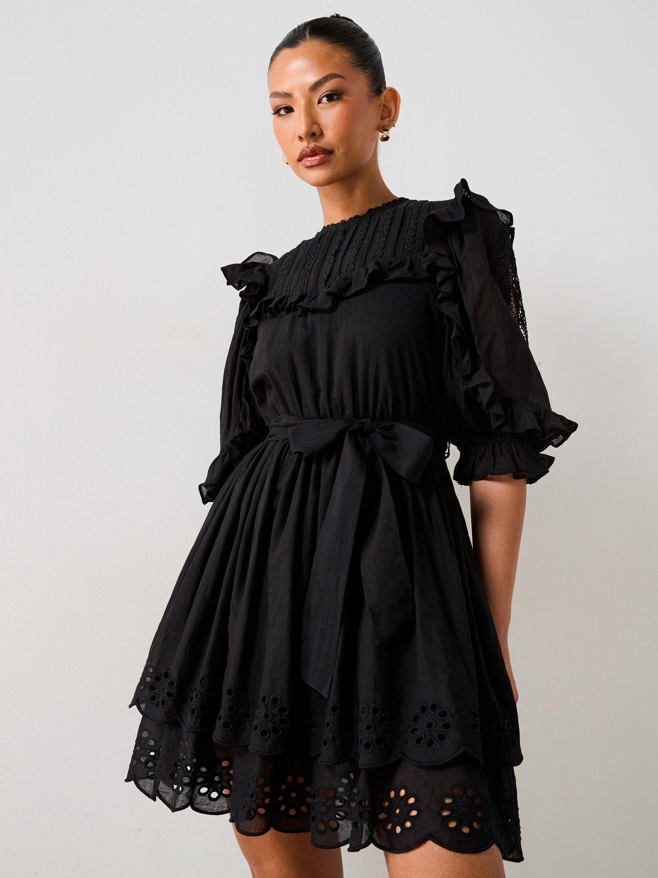 Image 1 of 6 of V by Very Frill Embroidered Mini Dress - Black