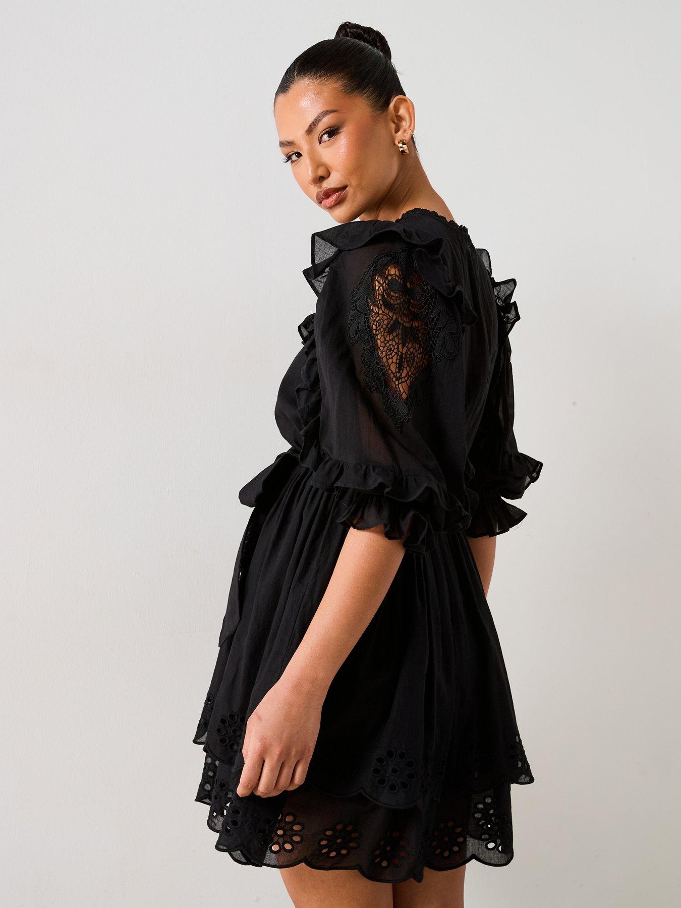 Image 2 of 6 of V by Very Frill Embroidered Mini Dress - Black
