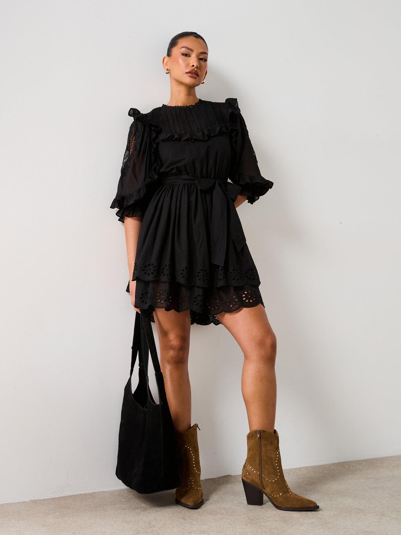 Image 3 of 6 of V by Very Frill Embroidered Mini Dress - Black