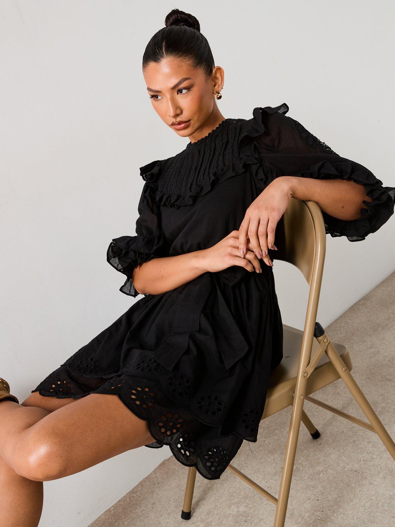 Image 4 of 6 of V by Very Frill Embroidered Mini Dress - Black