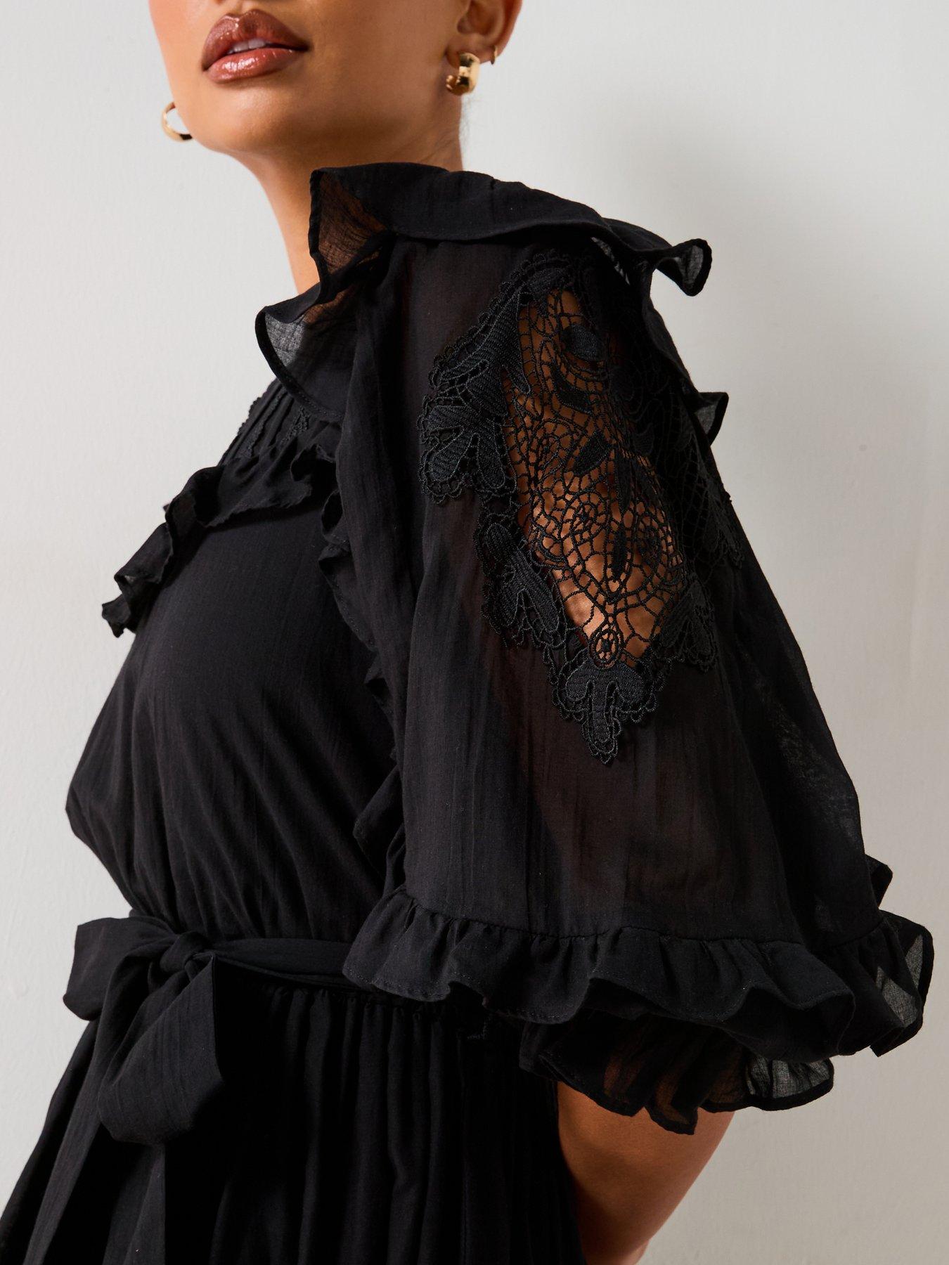 Image 5 of 6 of V by Very Frill Embroidered Mini Dress - Black
