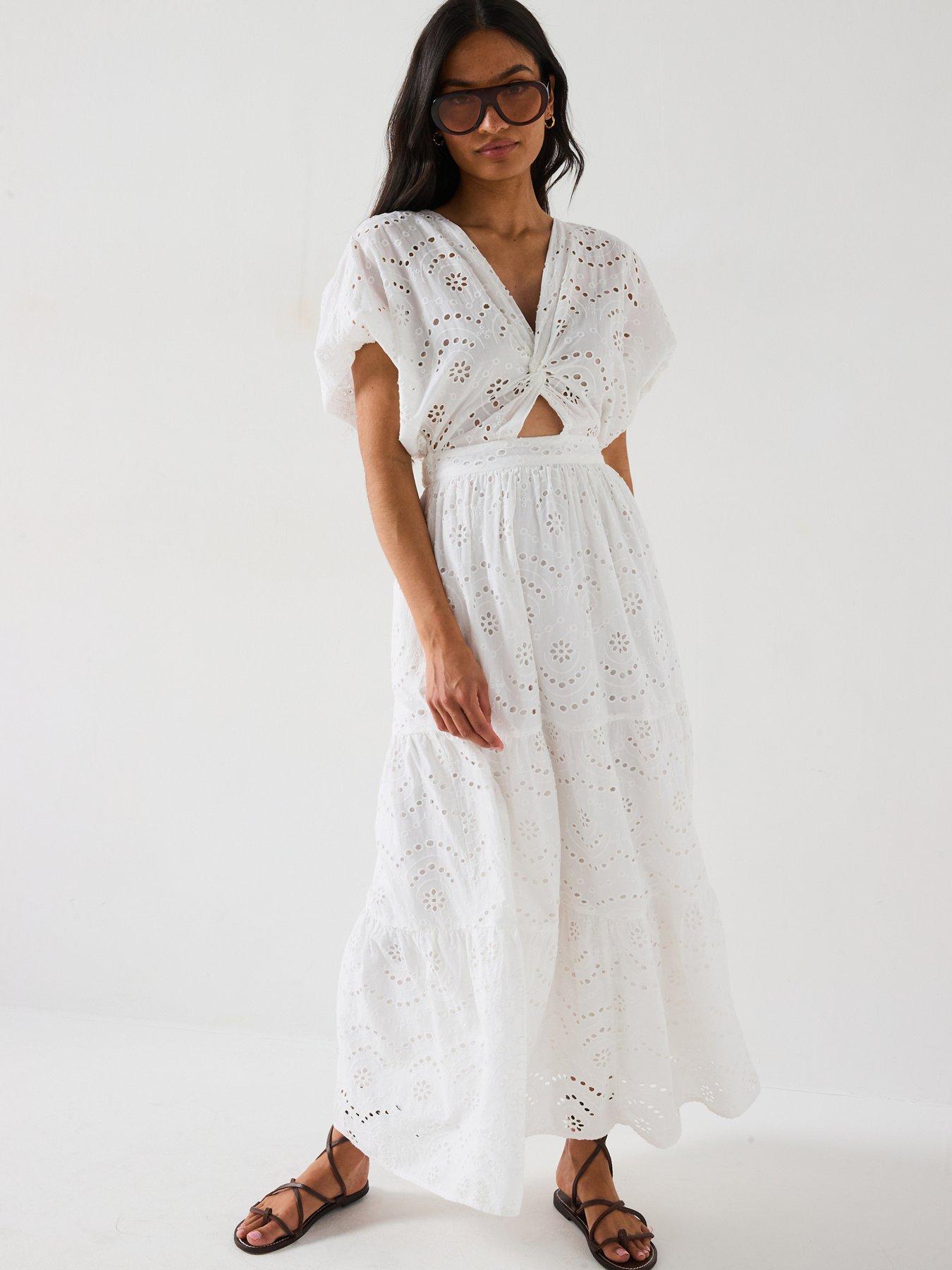 V by Very Broderie Twist Front Midaxi Dress - White