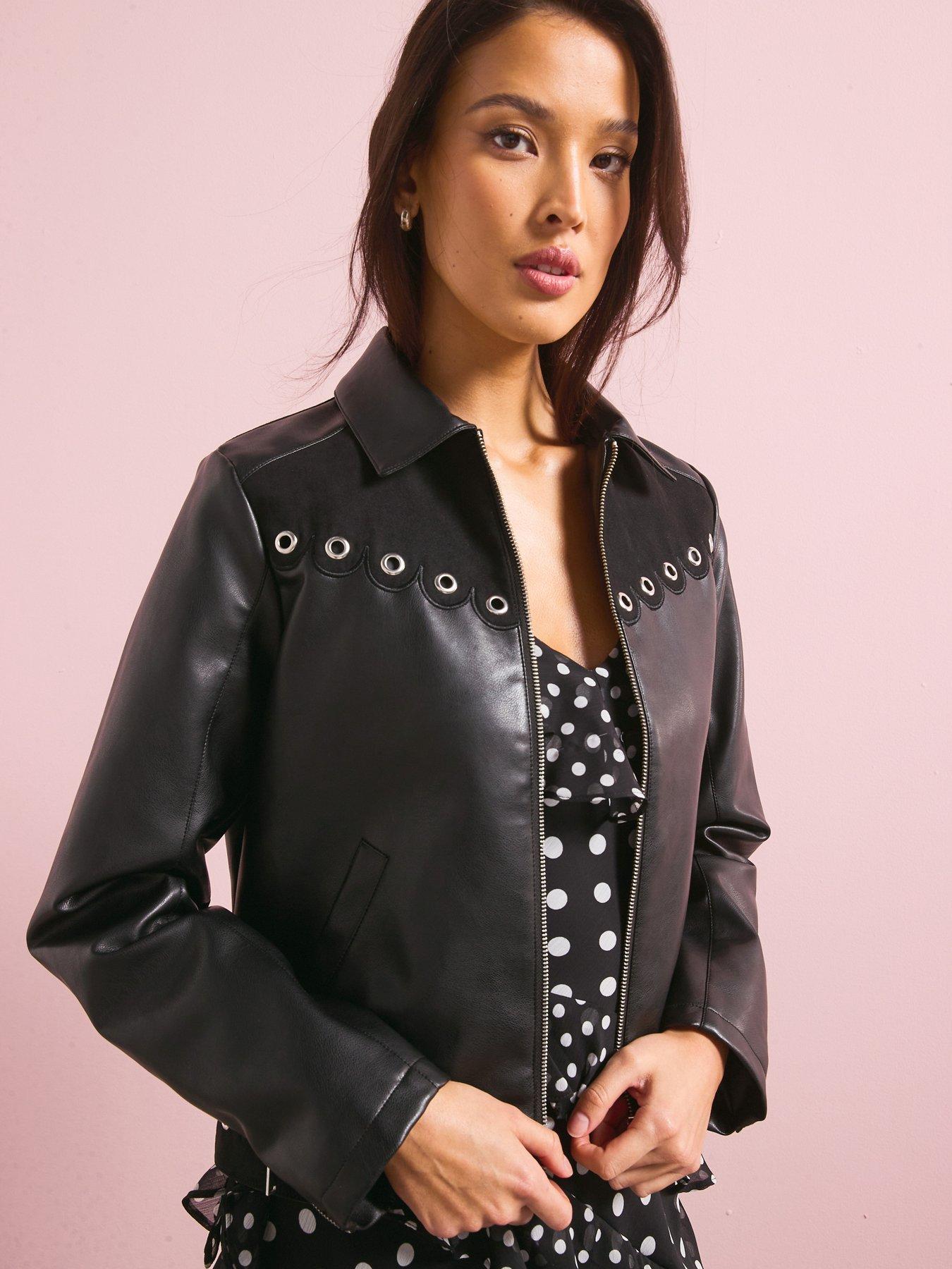 V by Very Eyelet Detail Faux Leather  &  Suede Jacket - Black