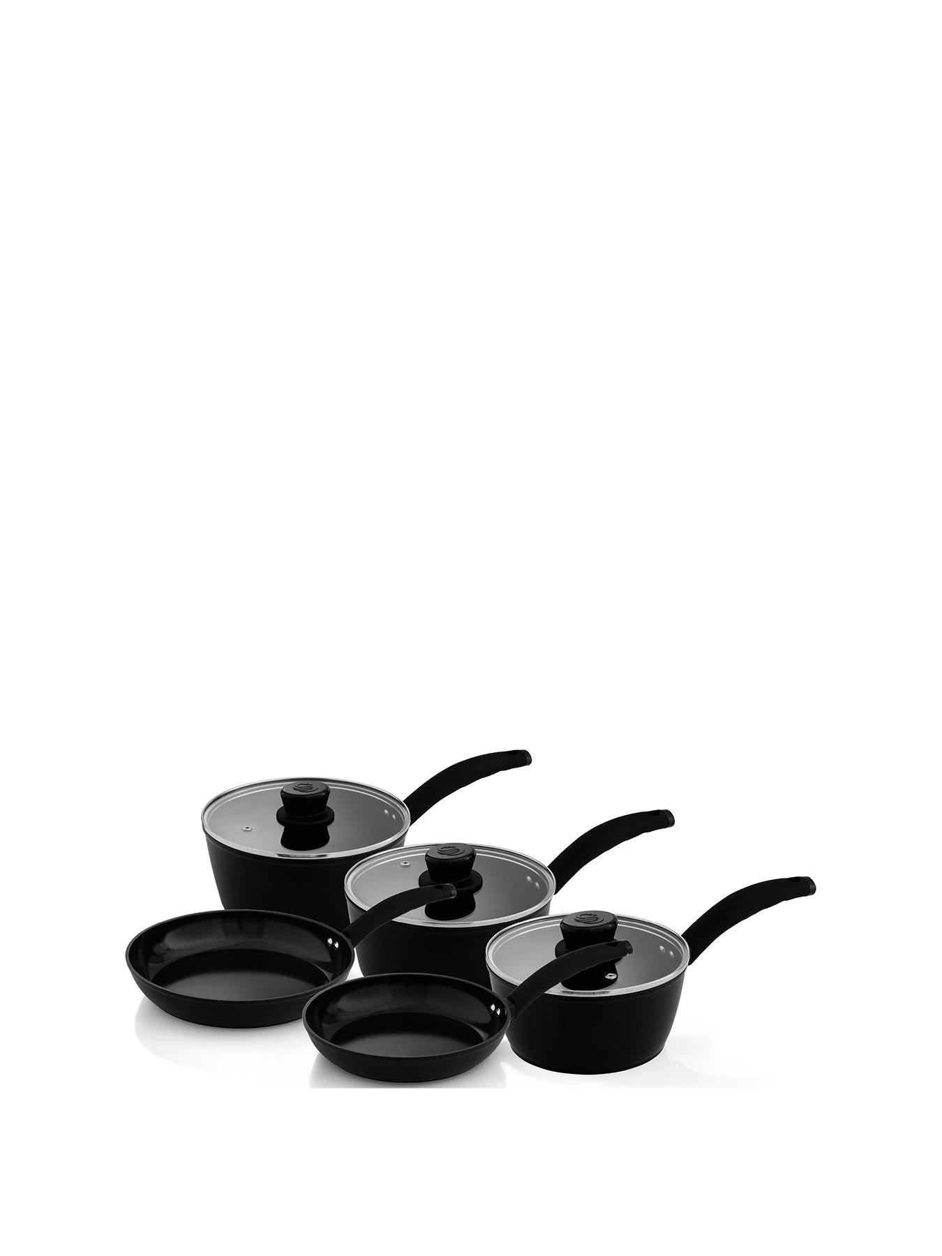 undefined Stealth 5 Piece Cookware Set with Superior Ceramic Coating, 18/20/22cm Saucepans with Tempered Glass Lids, 20/24cm Frying Pans, Induction Compatible, Black