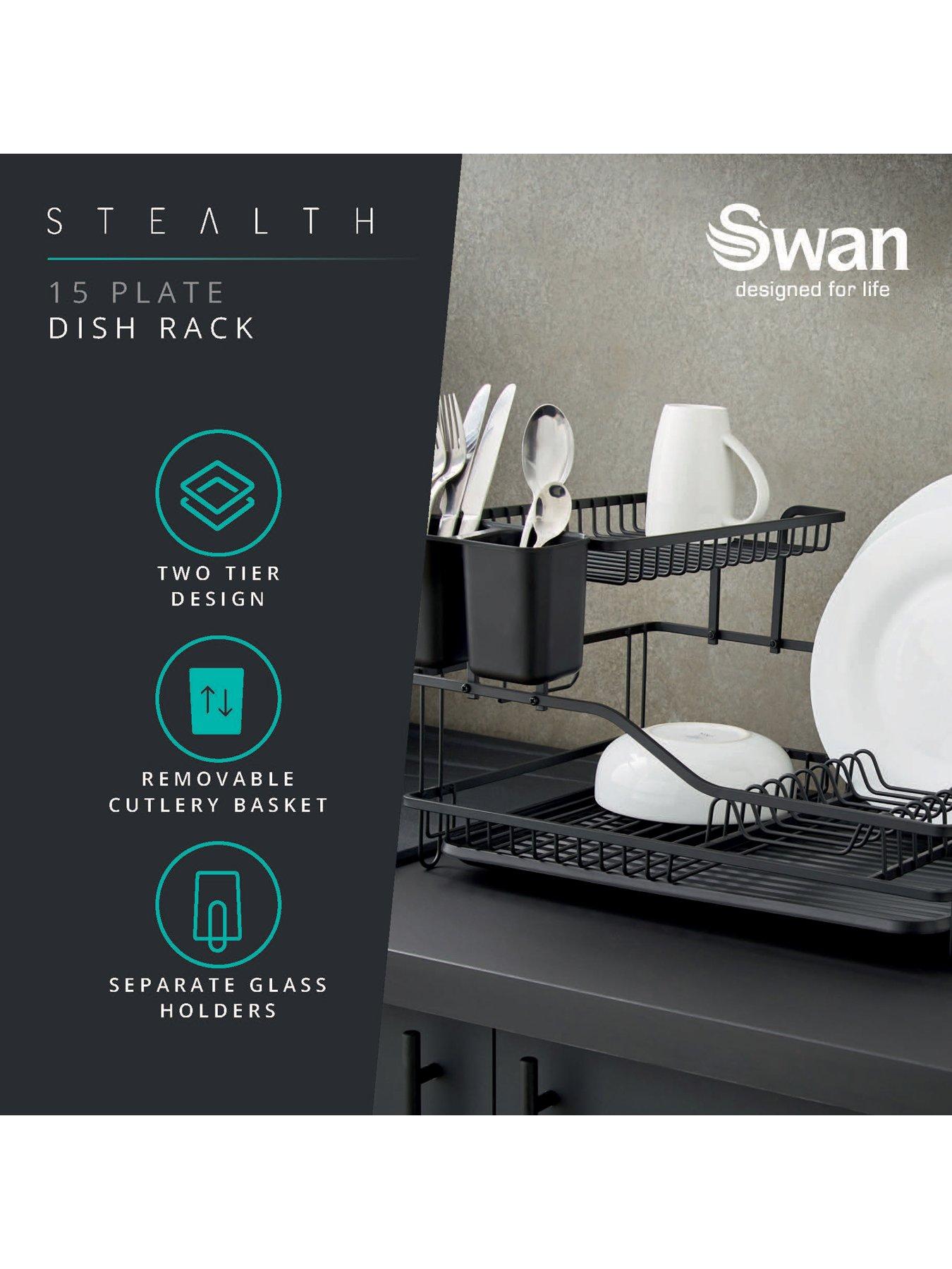 Image 2 of 6 of Swan Stealth 15 Plate Dish Rack, 2 Tier, Matte Black with removeable Drip Tray and Cutlery Basket