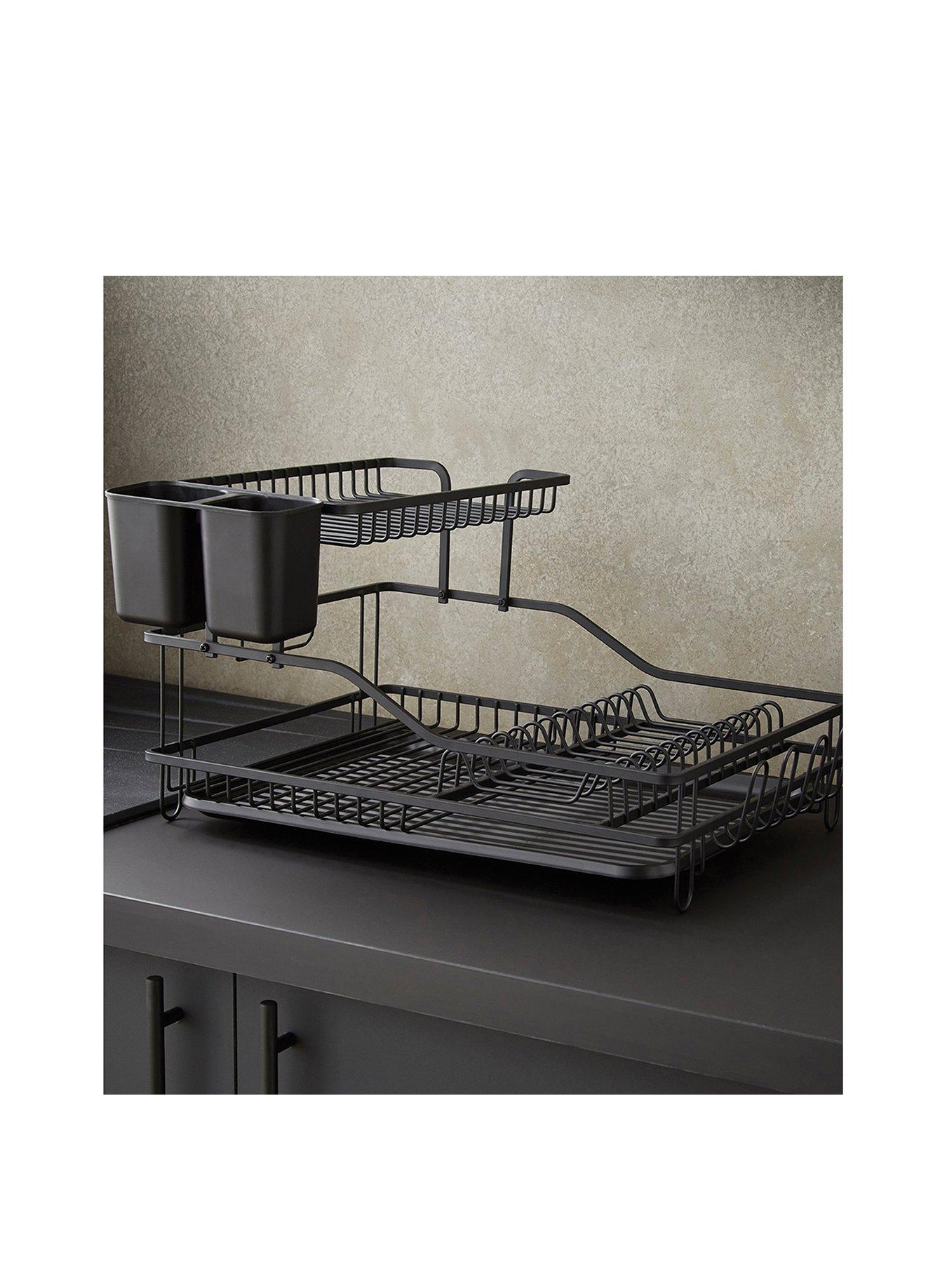 Swan Stealth 15 Plate Dish Rack, 2 Tier, Matte Black with removeable Drip Tray and Cutlery Basket
