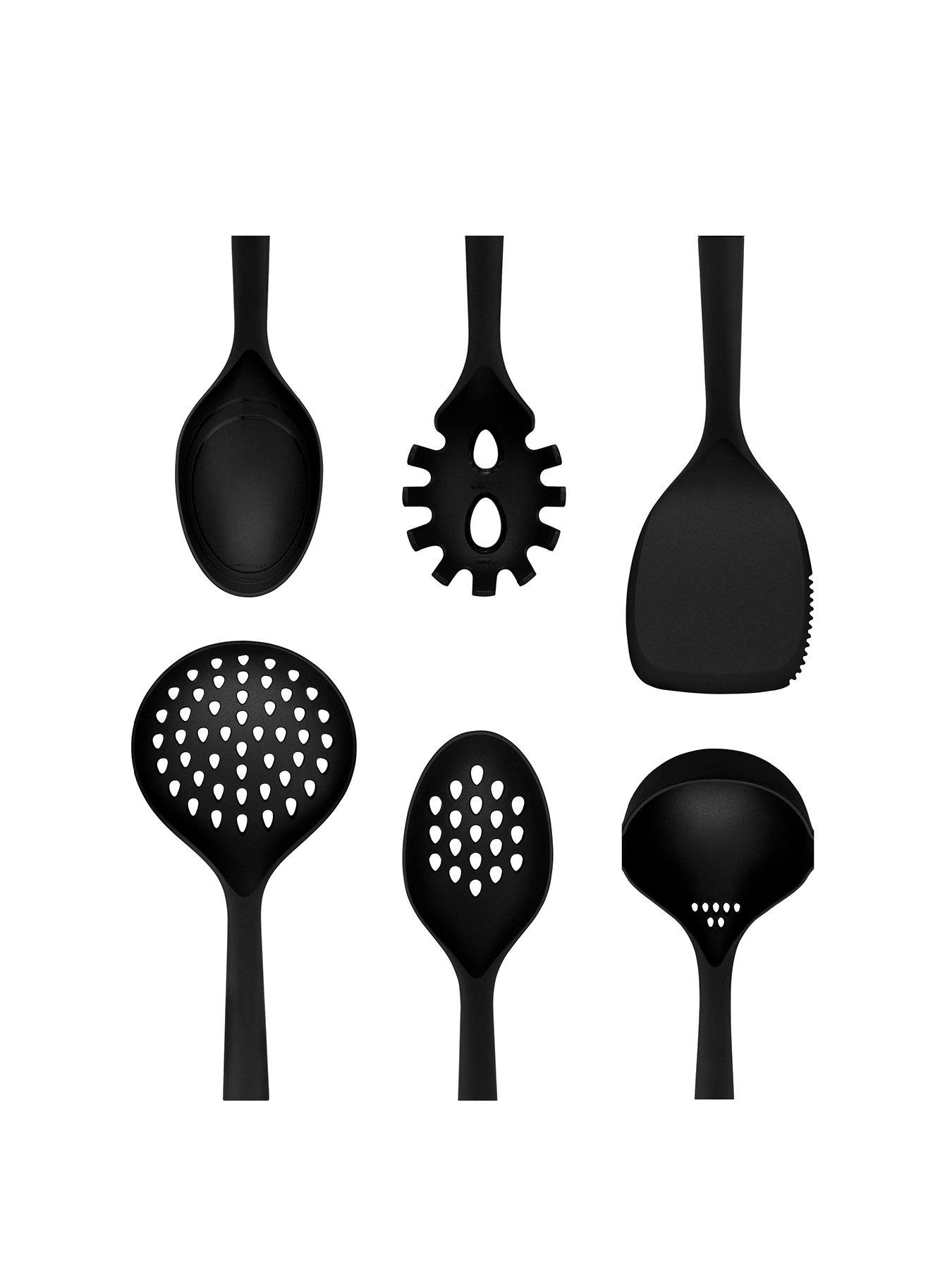 swan-stealth-6-piece-kitchen-tool-set-spaghetti-server-solid-spoon-slotted-spoon-solid-turner-ladle-skimmer-soft-touch-handles-hanging-holes-black