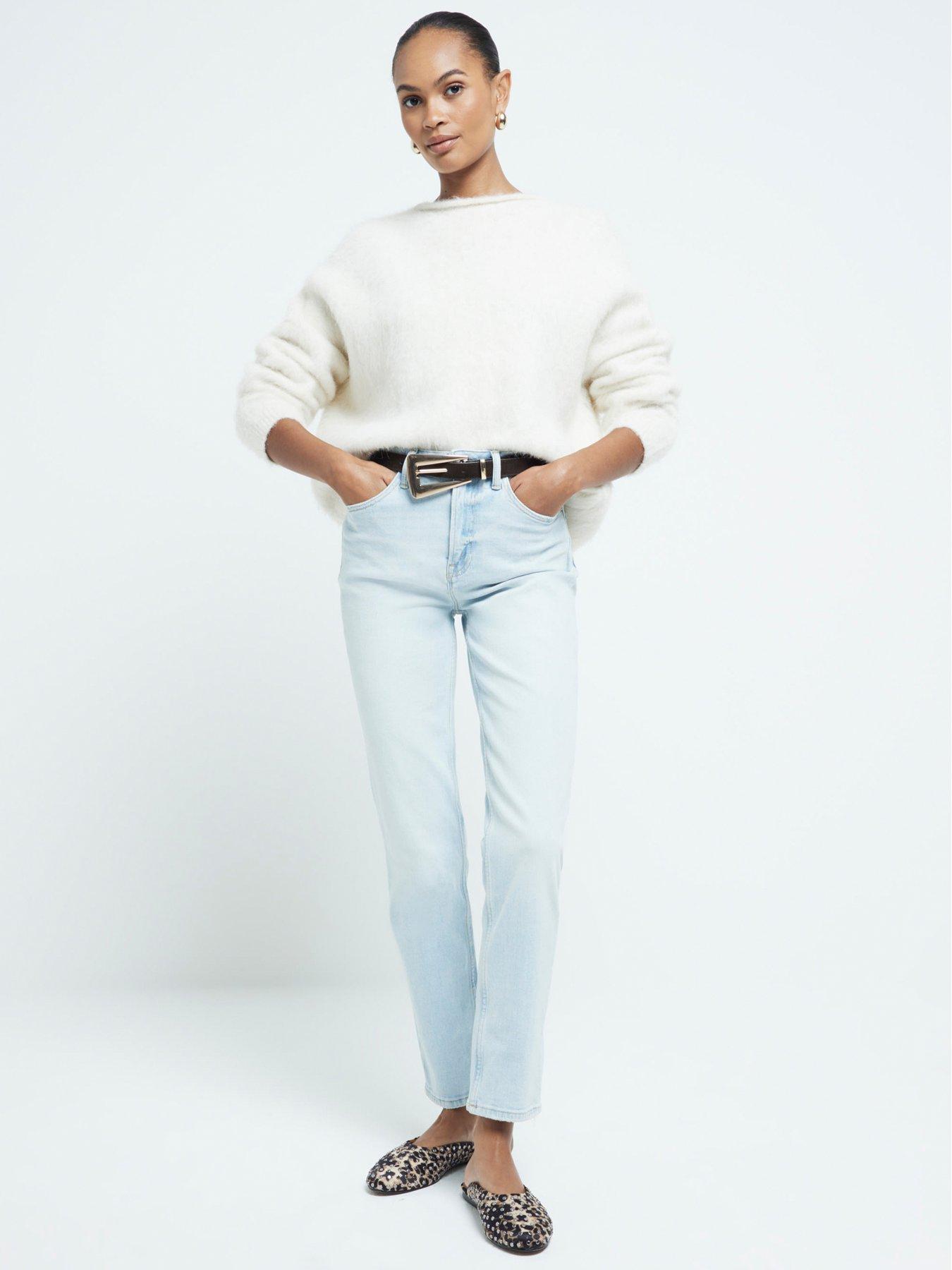 Image 1 of 6 of River Island High Waist Slim Straight Jeans - Light Blue
