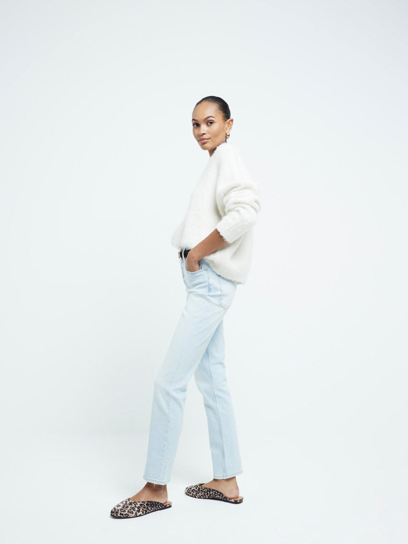 Image 3 of 6 of River Island High Waist Slim Straight Jeans - Light Blue