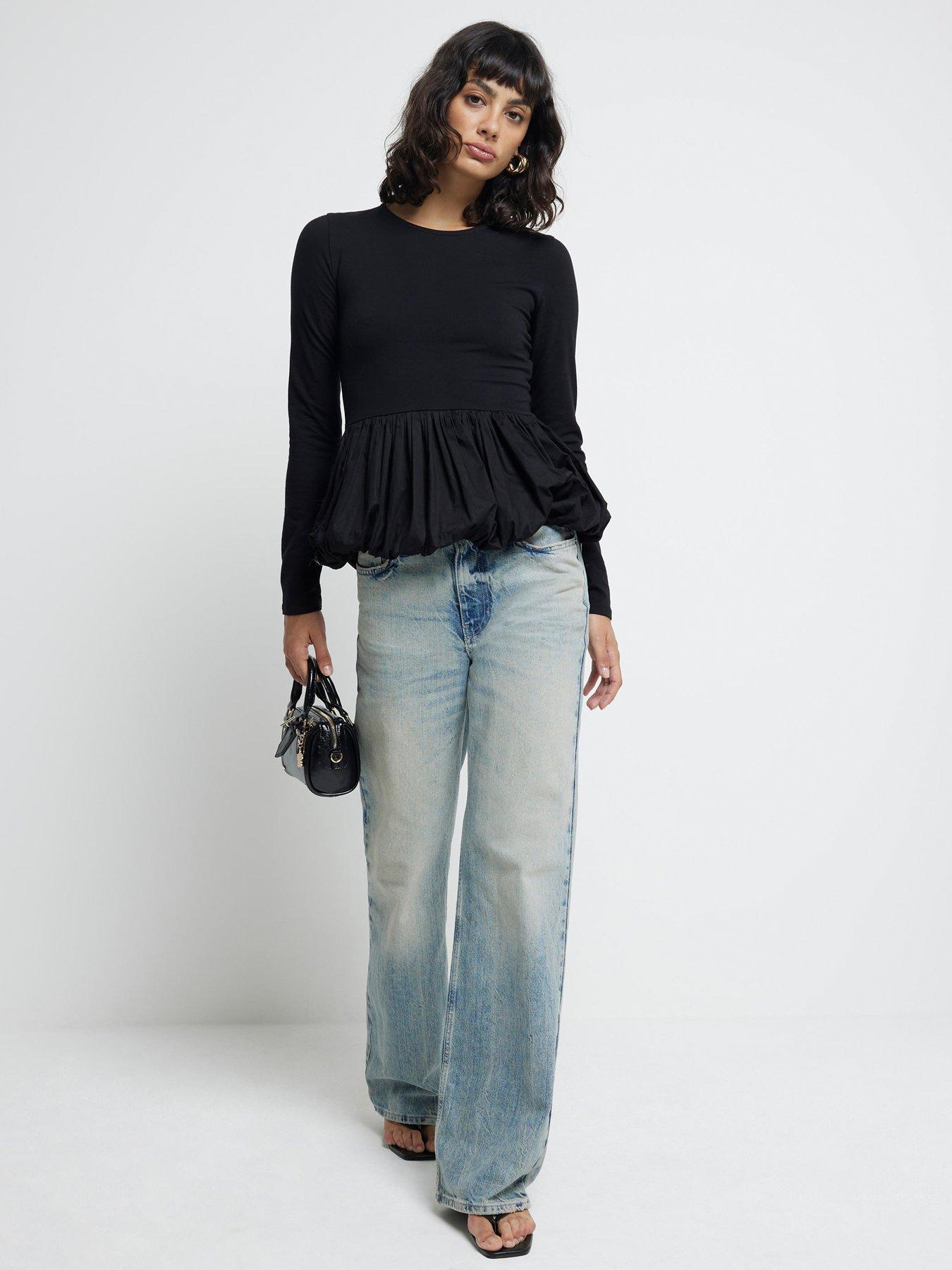 river-island-poplin-puff-ball-top-blackback