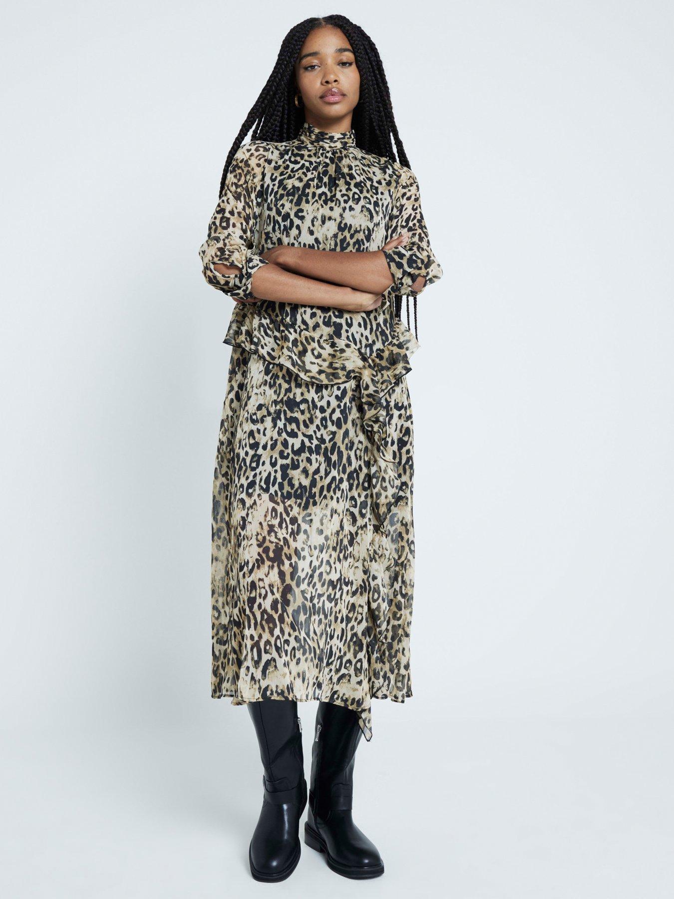 River Island Animal Frill Midi Dress - Beige