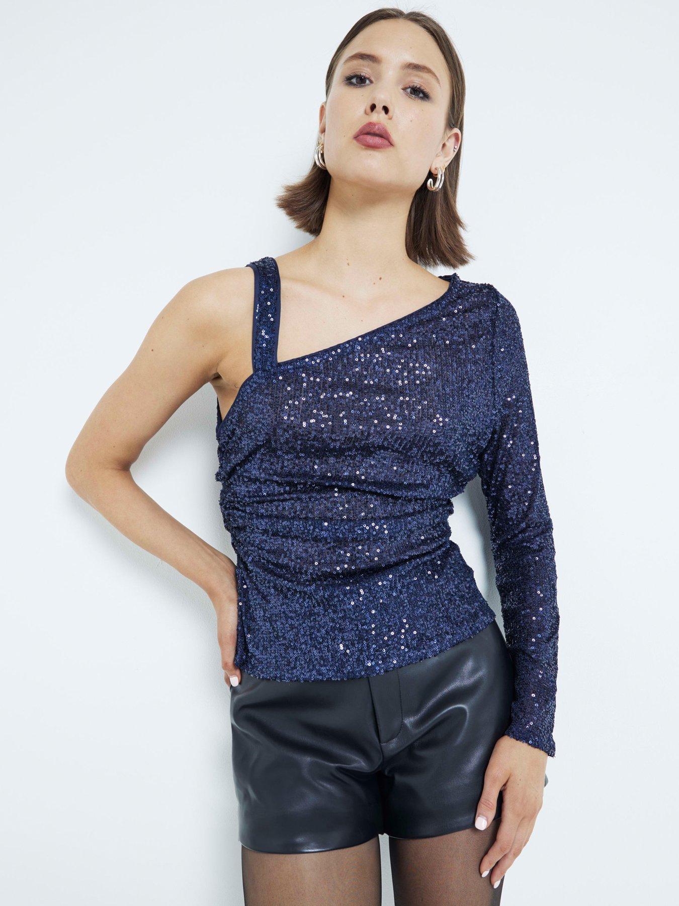 River Island One Sleeve Twist Shoulder Top - Navy