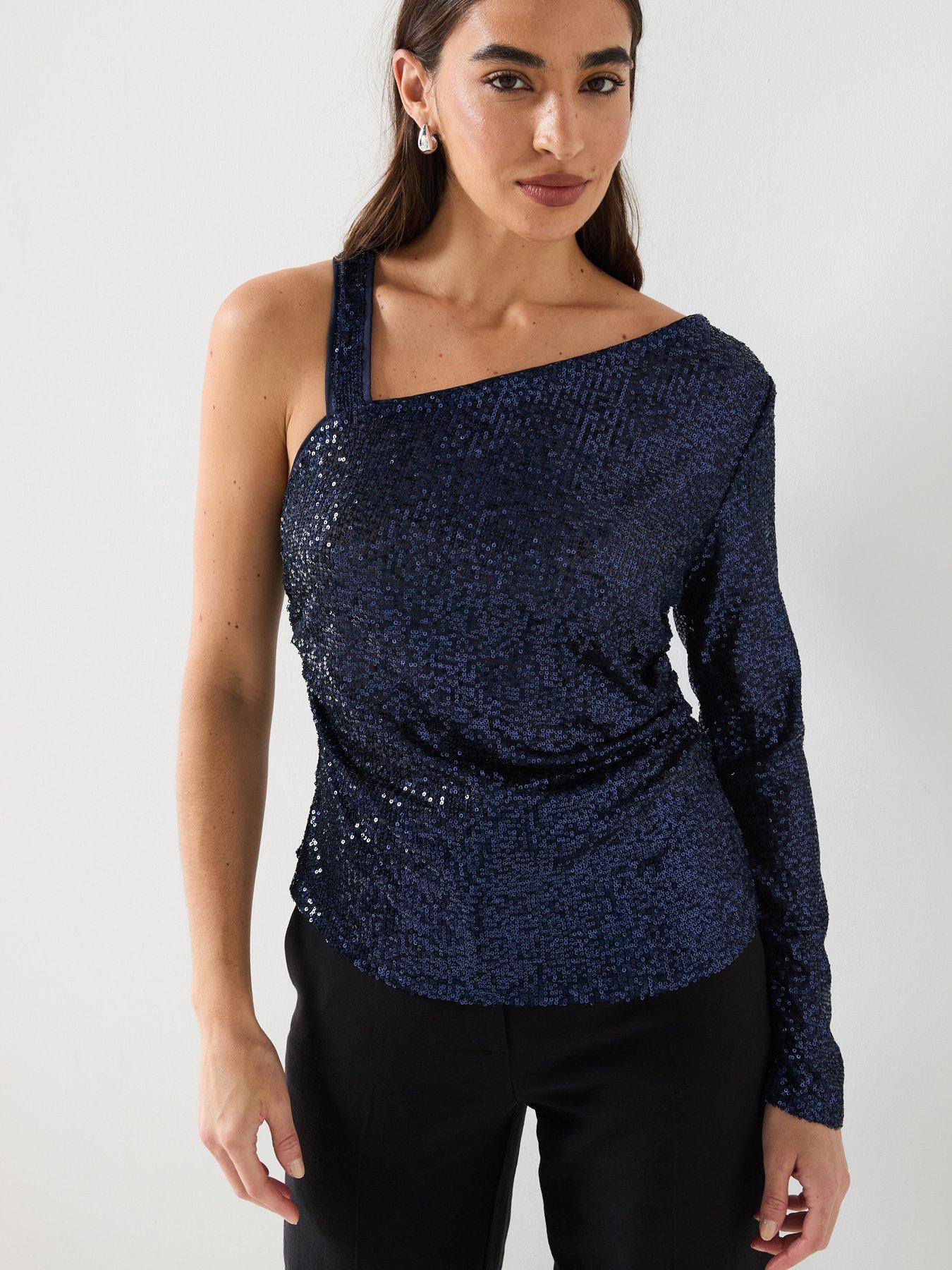 Image 1 of 5 of River Island One Sleeve Twist Shoulder Top - Navy
