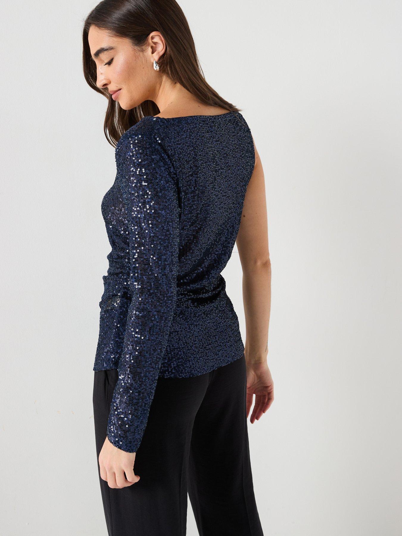 Image 2 of 5 of River Island One Sleeve Twist Shoulder Top - Navy