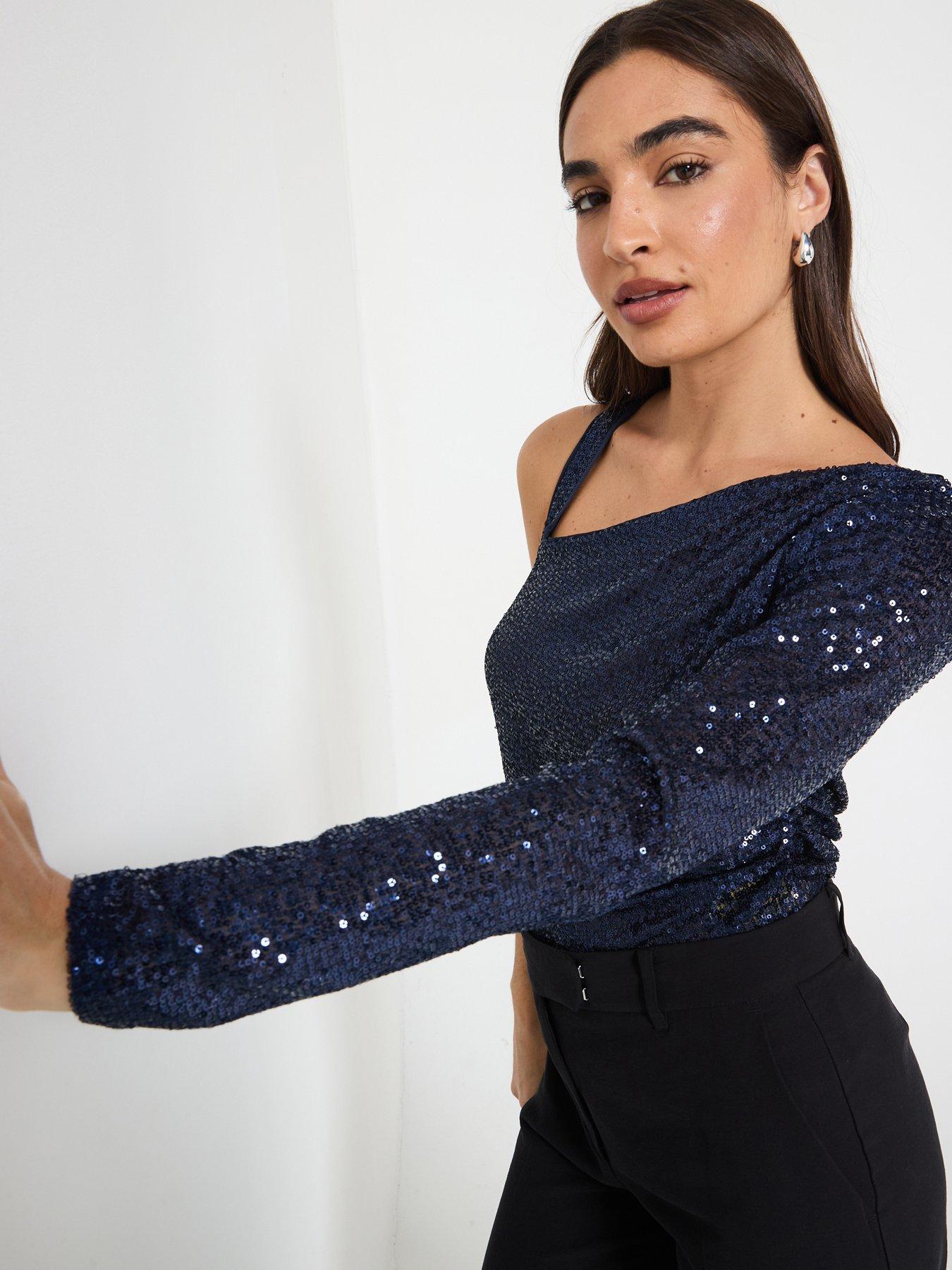 Image 4 of 5 of River Island One Sleeve Twist Shoulder Top - Navy