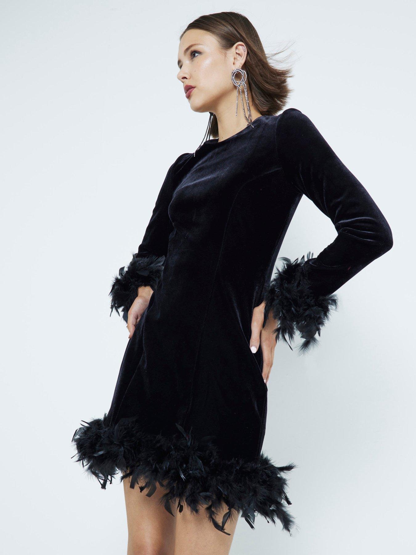 river-island-velvet-feather-hem-dress-blackfront