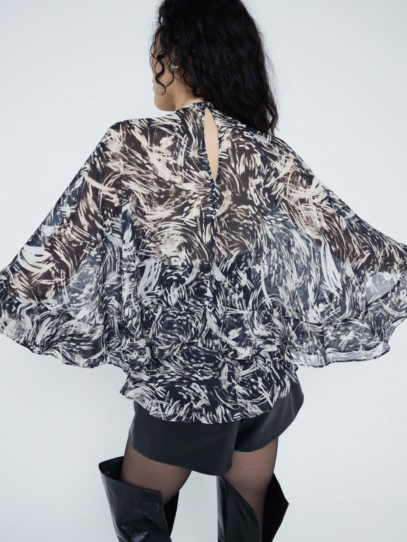 Image 2 of 4 of River Island Printed Ruffle Cape Top - Dark Brown
