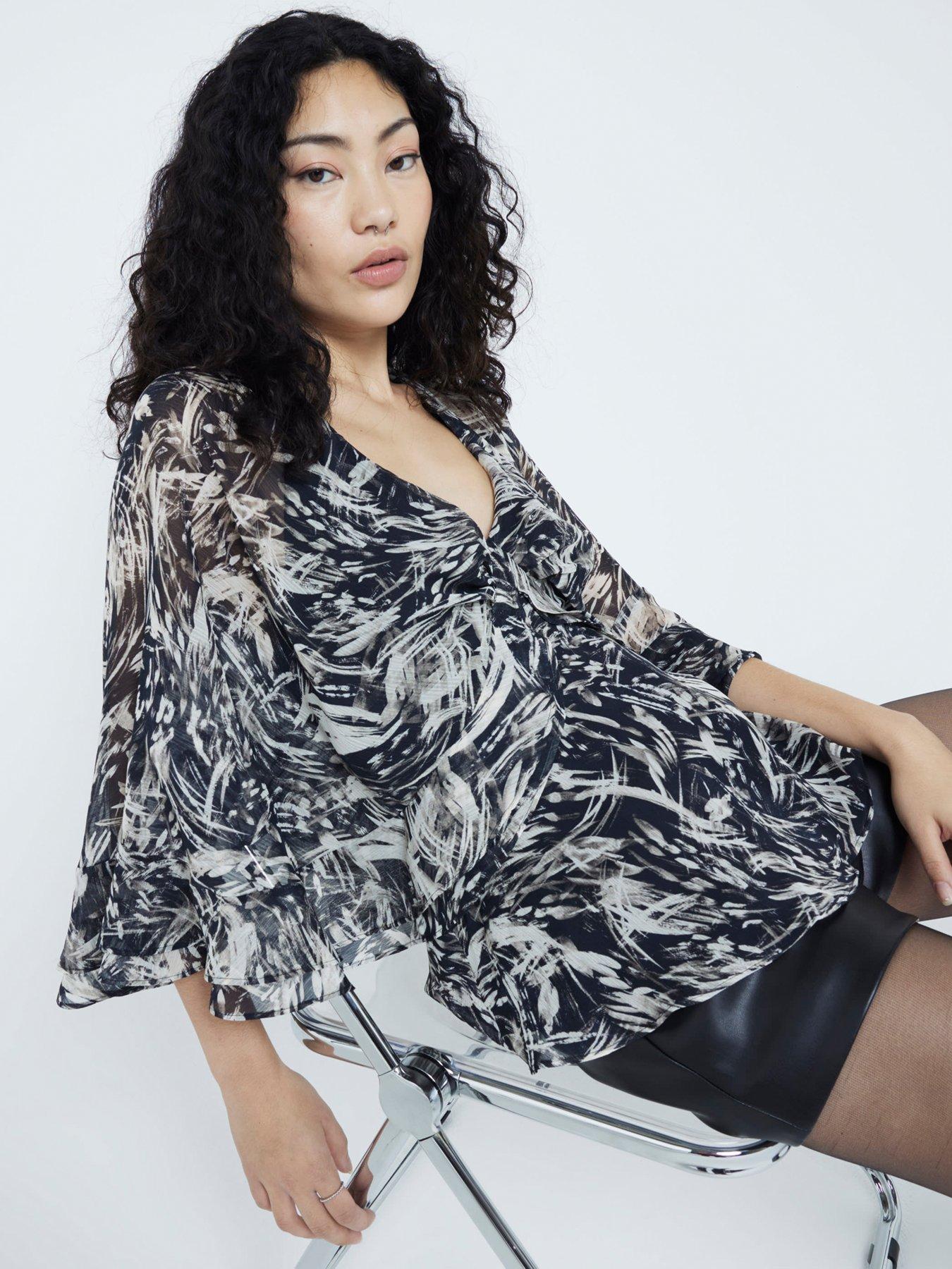 Image 4 of 4 of River Island Printed Ruffle Cape Top - Dark Brown
