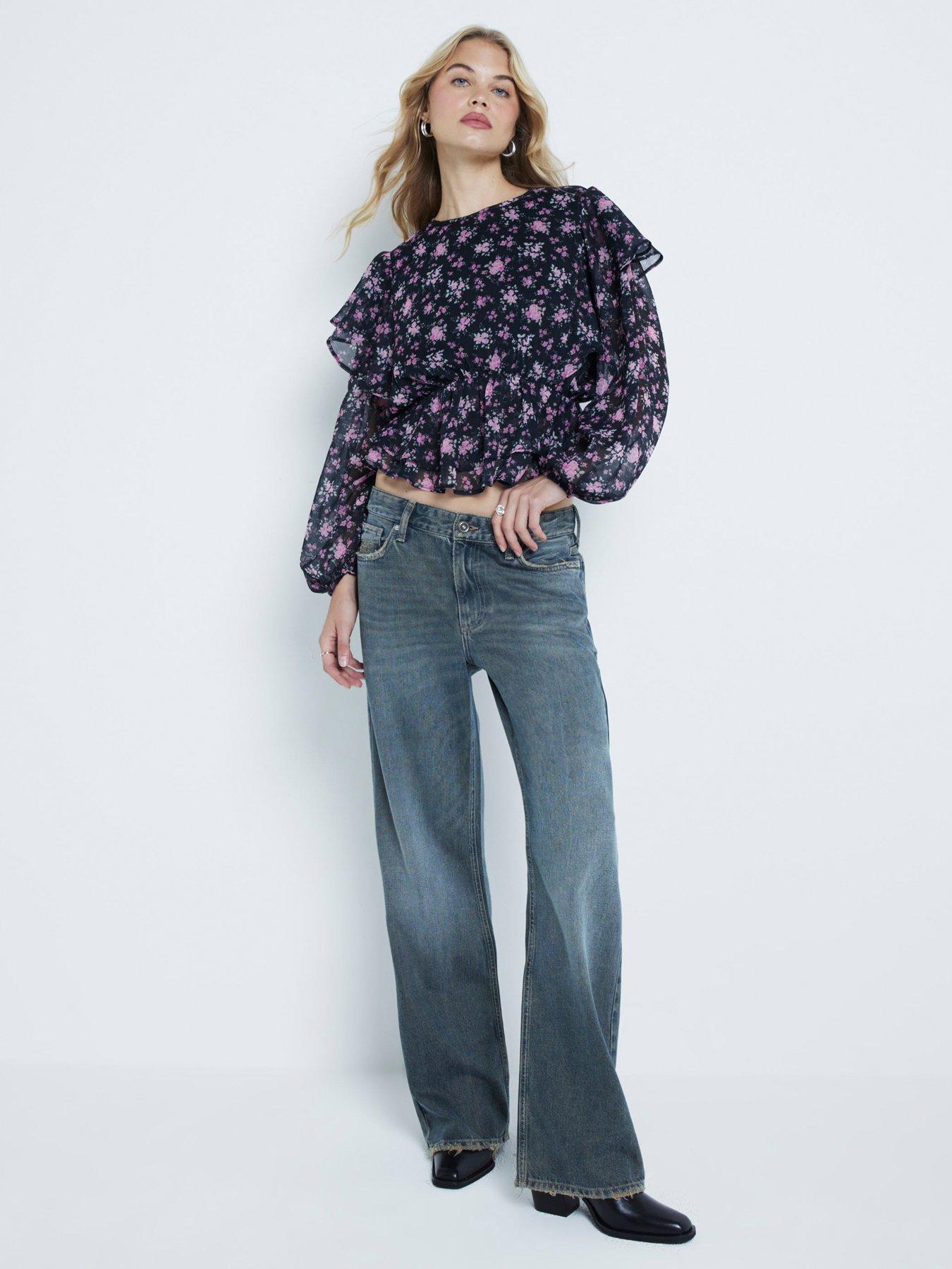 Image 3 of 6 of River Island Floral Ruffle Top - Black