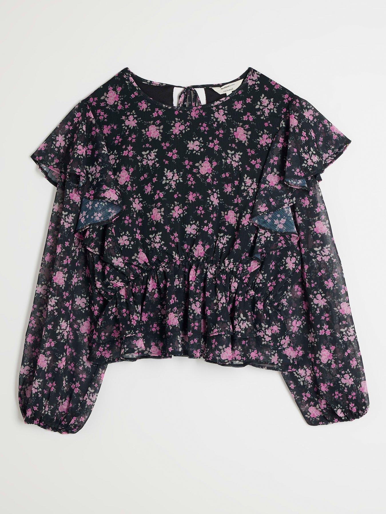 Image 6 of 6 of River Island Floral Ruffle Top - Black