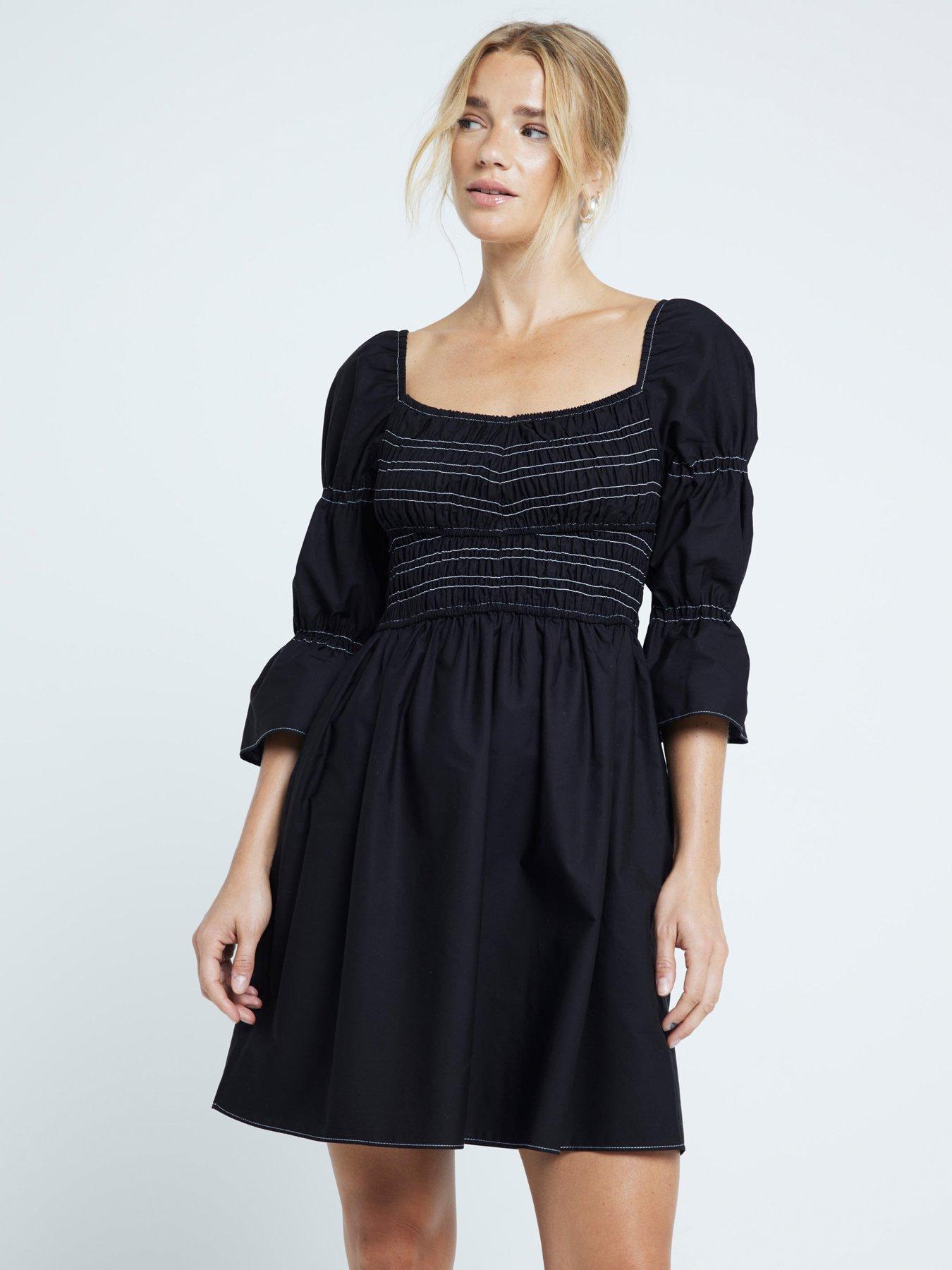 Image 1 of 6 of River Island Shirred Mini Dress - Black