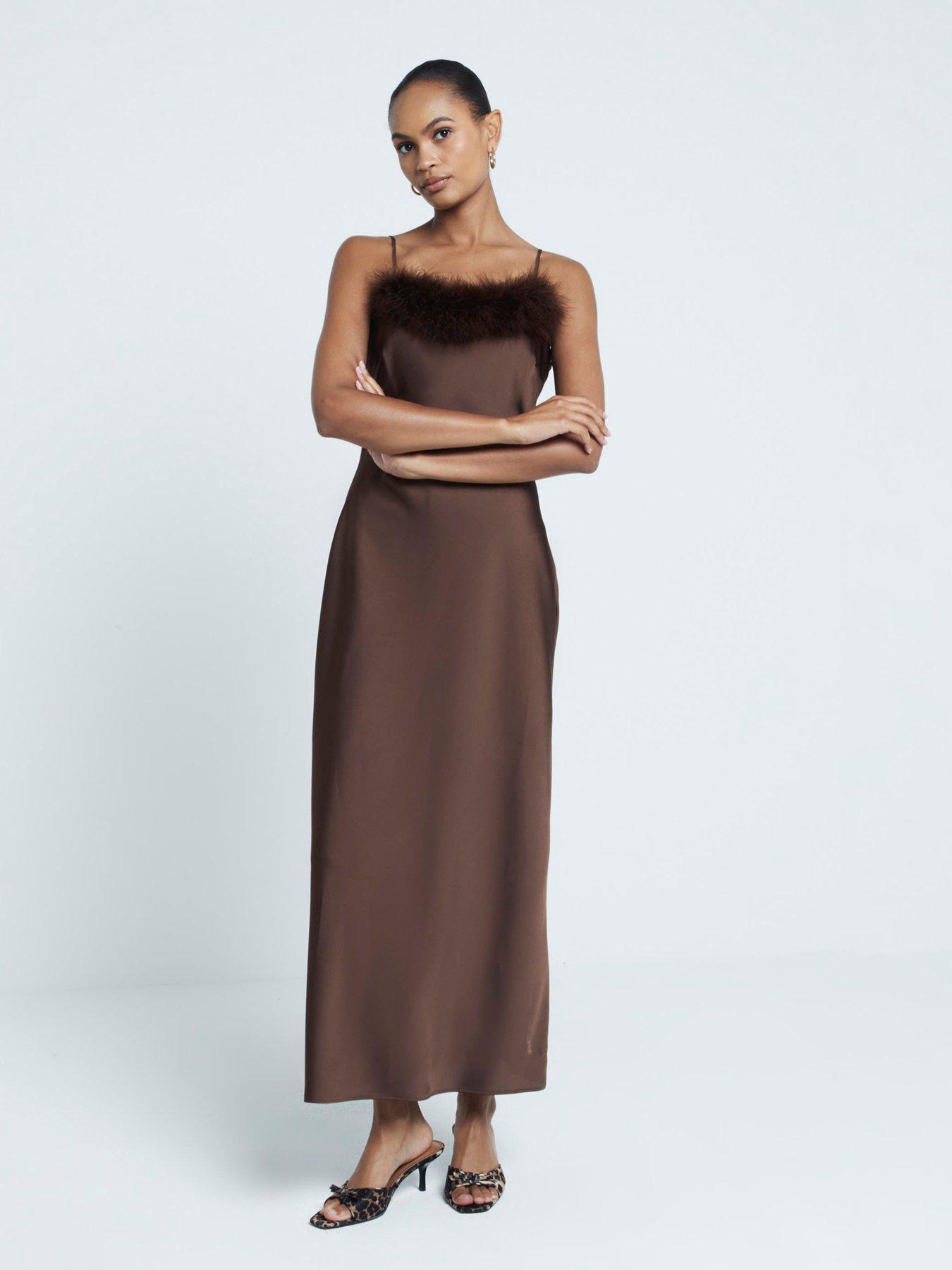 river-island-strappy-feather-trim-slip-dress-dark-brown