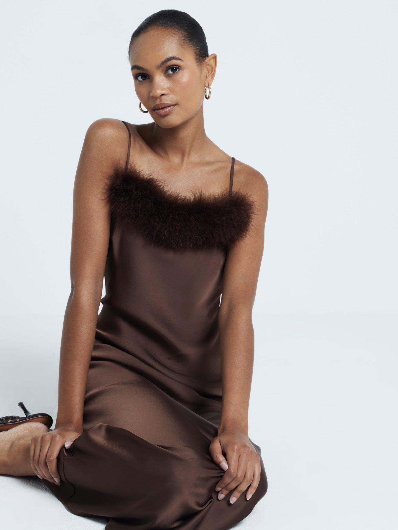 river-island-strappy-feather-trim-slip-dress-dark-brownoutfit