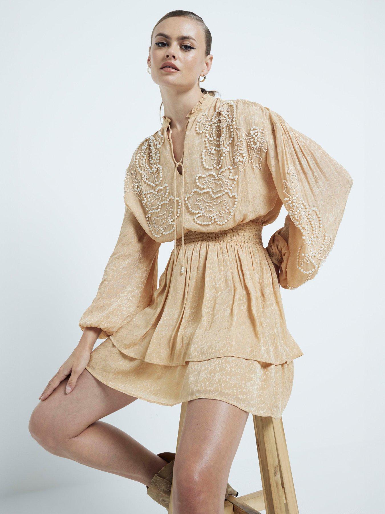 Image of River Island Emb Mini Dress - Beige