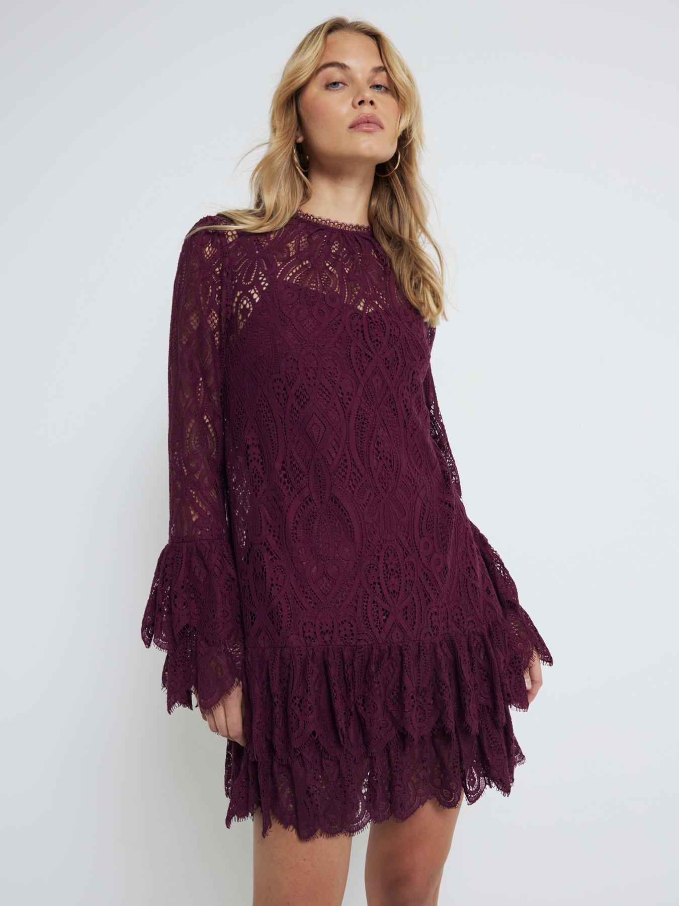 river-island-lace-tiered-shift-dress-dark-red