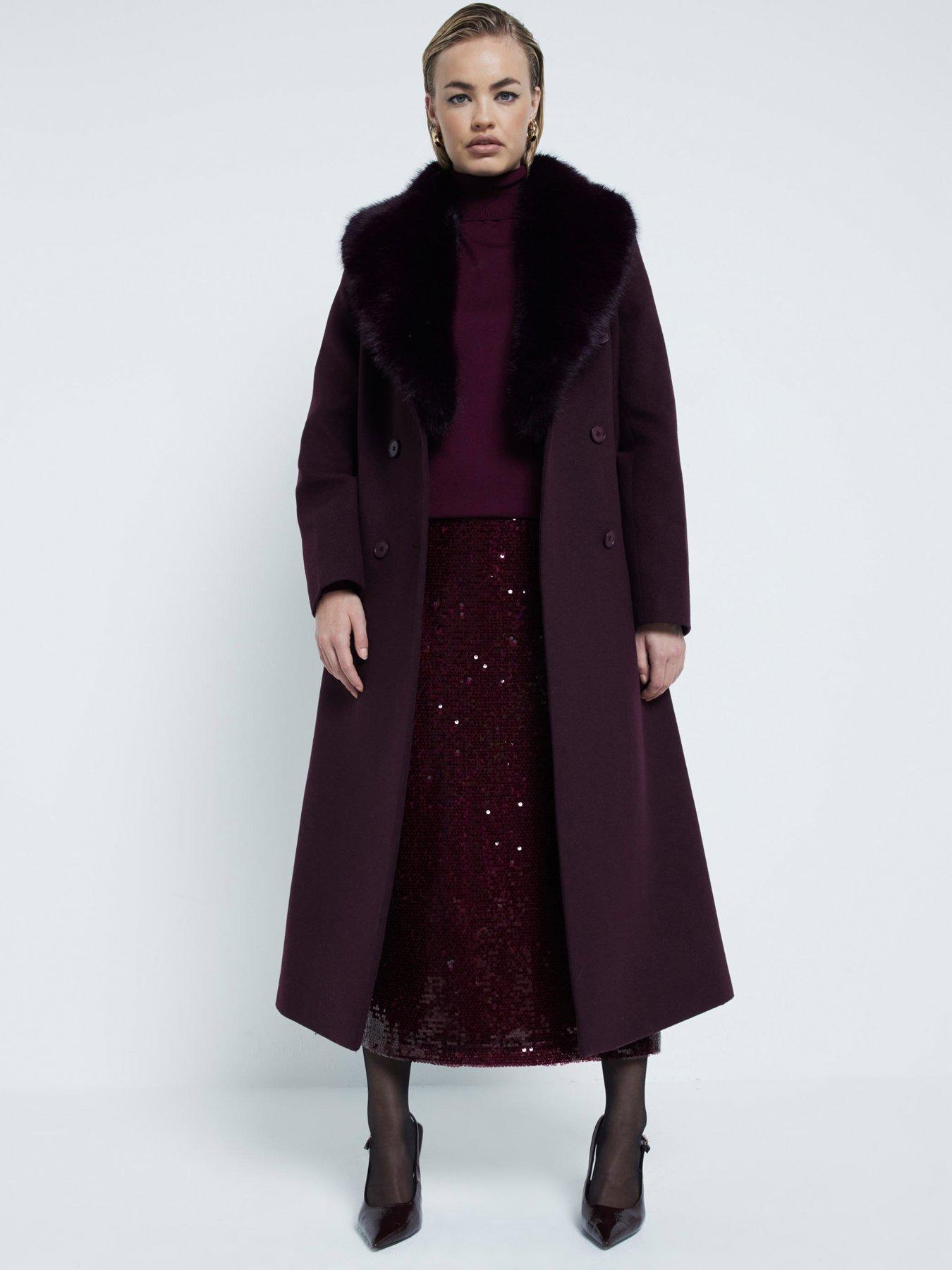 River Island Faux Fur Collar Double Breasted Coat Dark Red